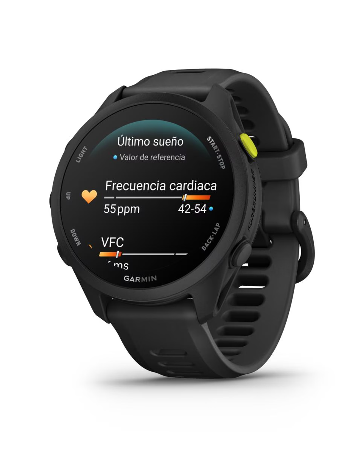Reloj inteligente negro con datos de frecuencia cardíaca y sueño en pantalla.
