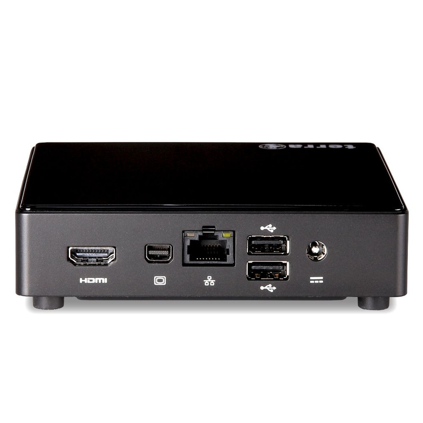 Case mini PC nero con porte: HDMI, Mini DisplayPort, LAN, USB e audio.