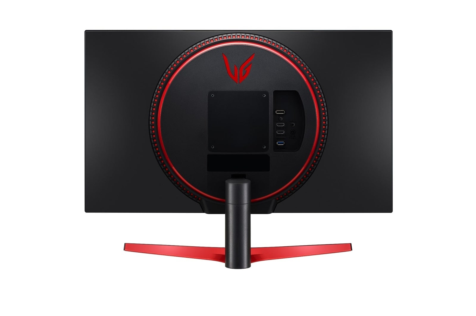 Retro di un monitor nero con anello rosso e porte. Supporto rosso.