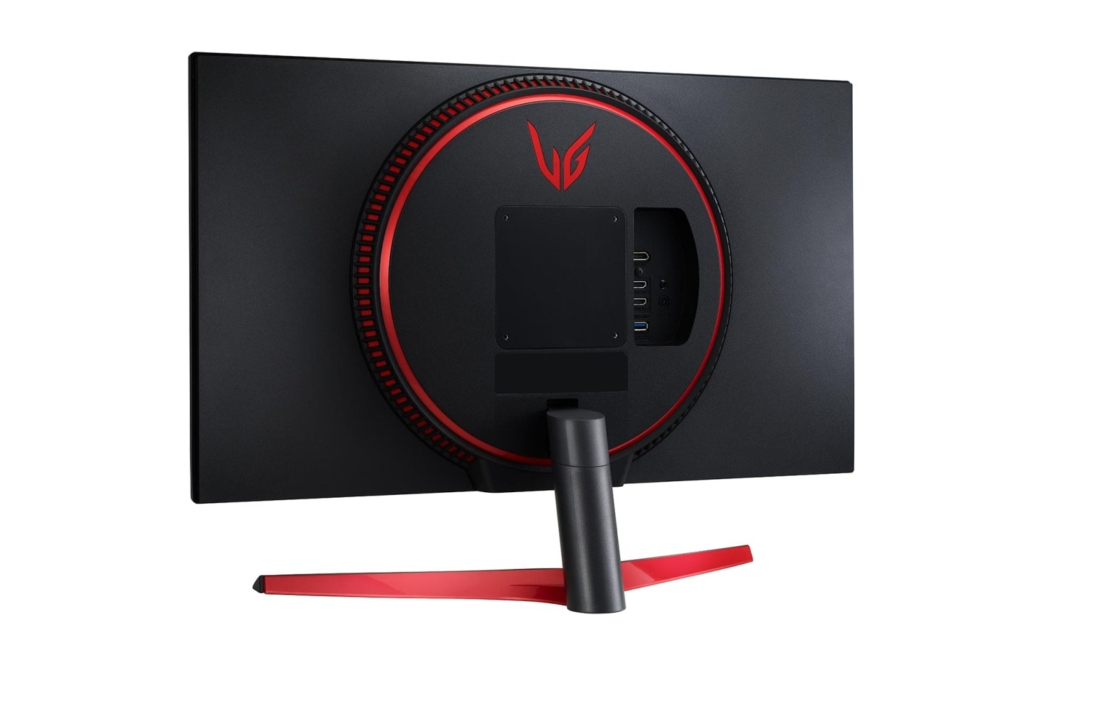 Retro di un monitor nero con anello rosso e logo LG. Porte visibili.