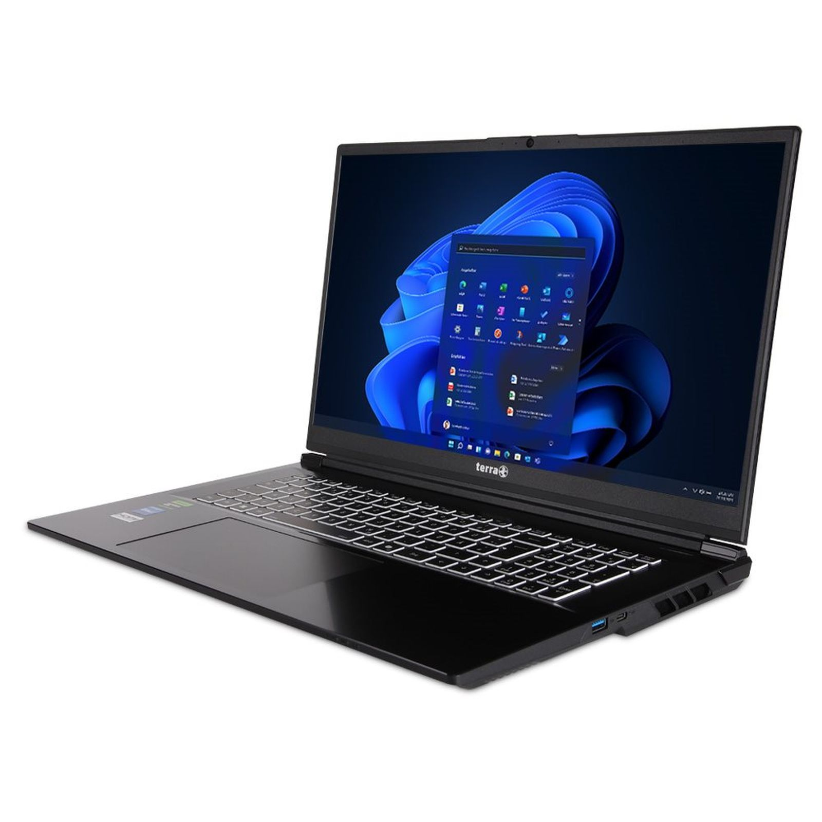 Ein schwarzer Laptop mit beleuchteter Tastatur und einem blauen Hintergrundbild.