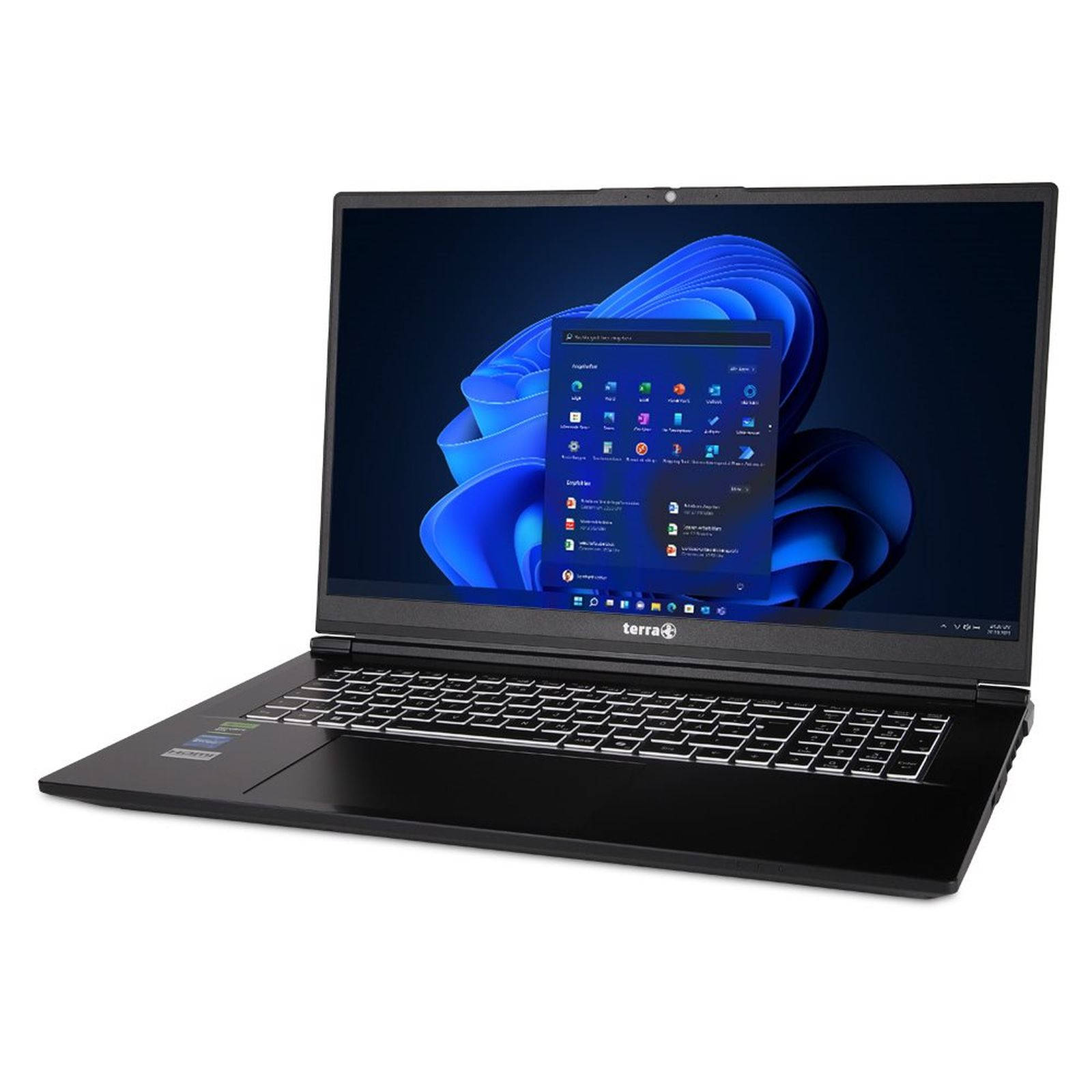 Schwarzer Terra-Laptop mit beleuchteter Tastatur und Windows 11 Desktop.