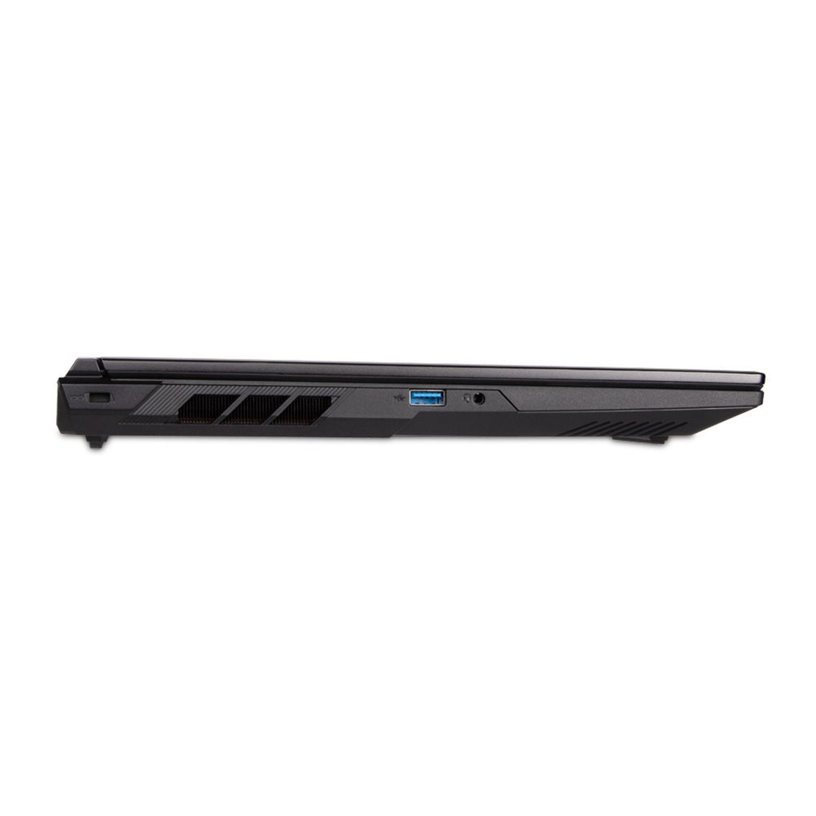 Schwarzer Laptop-Seite mit USB-Anschluss und Lüftungsschlitzen.
