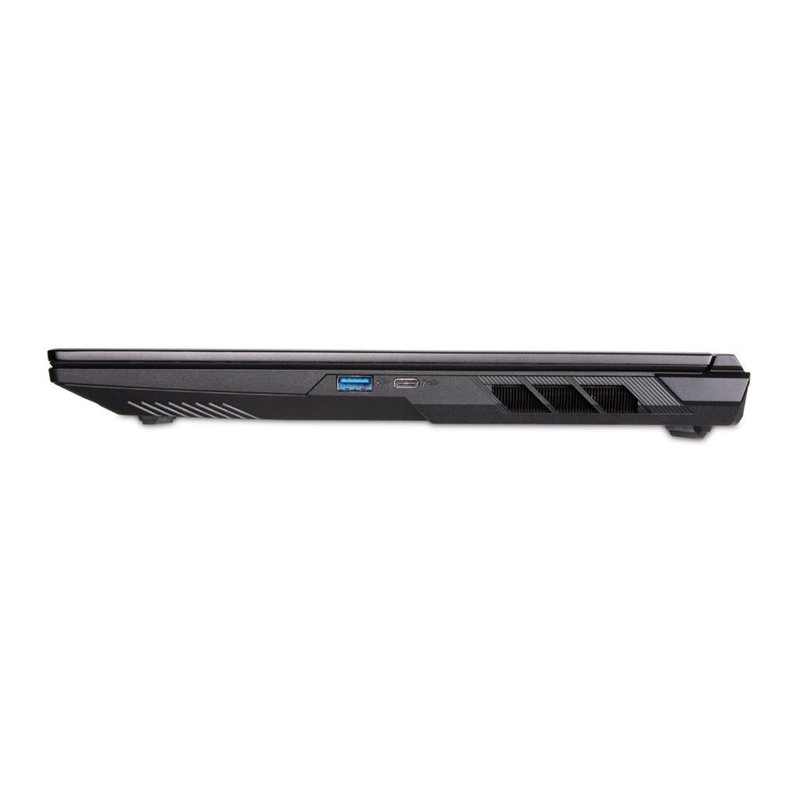 Seitenansicht eines schwarzen Laptops mit USB-C und USB-A Anschlüssen.