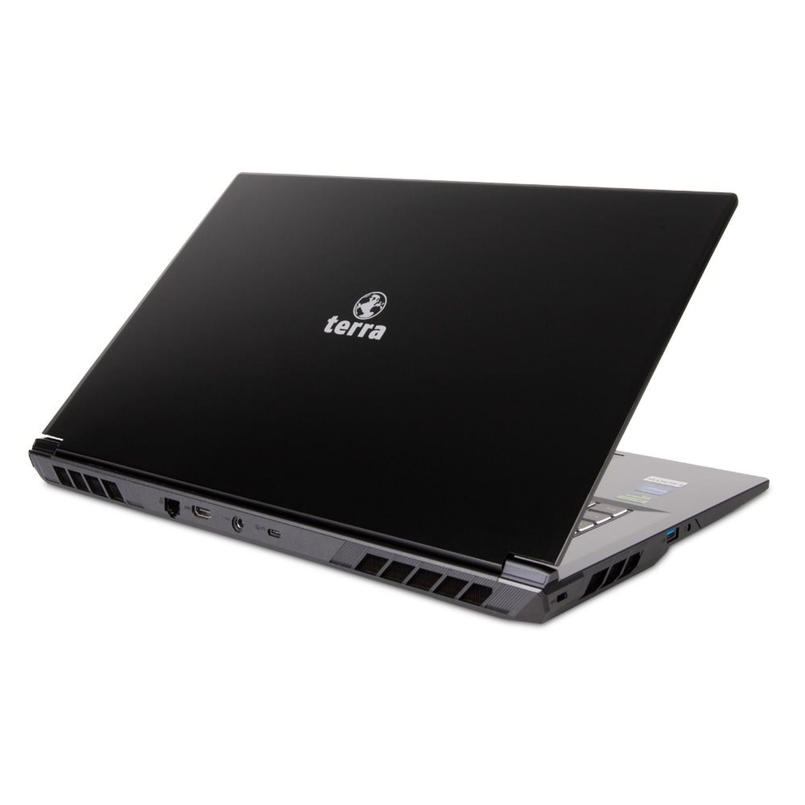 Schwarzer Terra Laptop, teilweise geöffnet, mit Fokus auf die Rückseite und Anschlüsse.