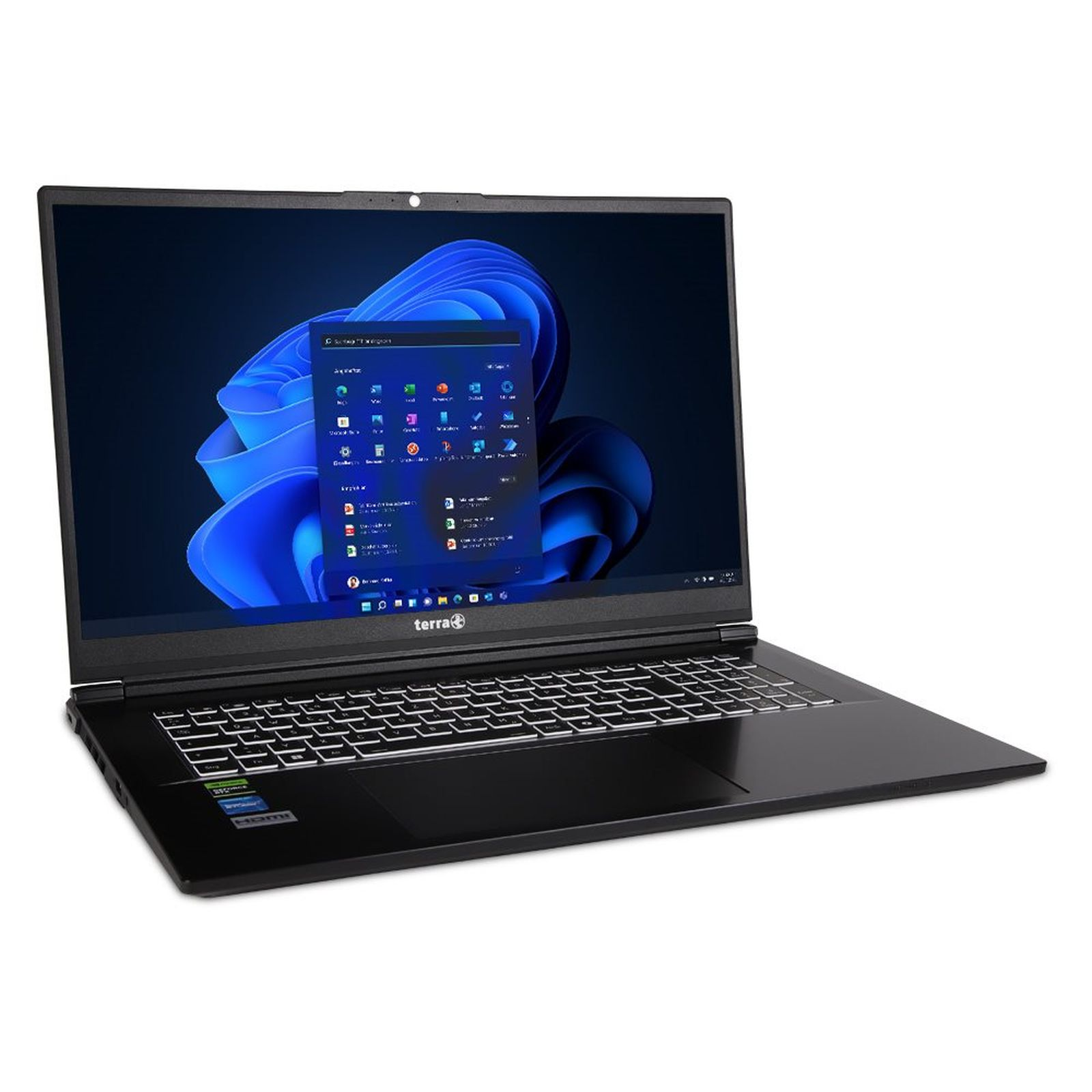 Schwarzer Terra Laptop mit beleuchteter Tastatur und Windows-Desktop.