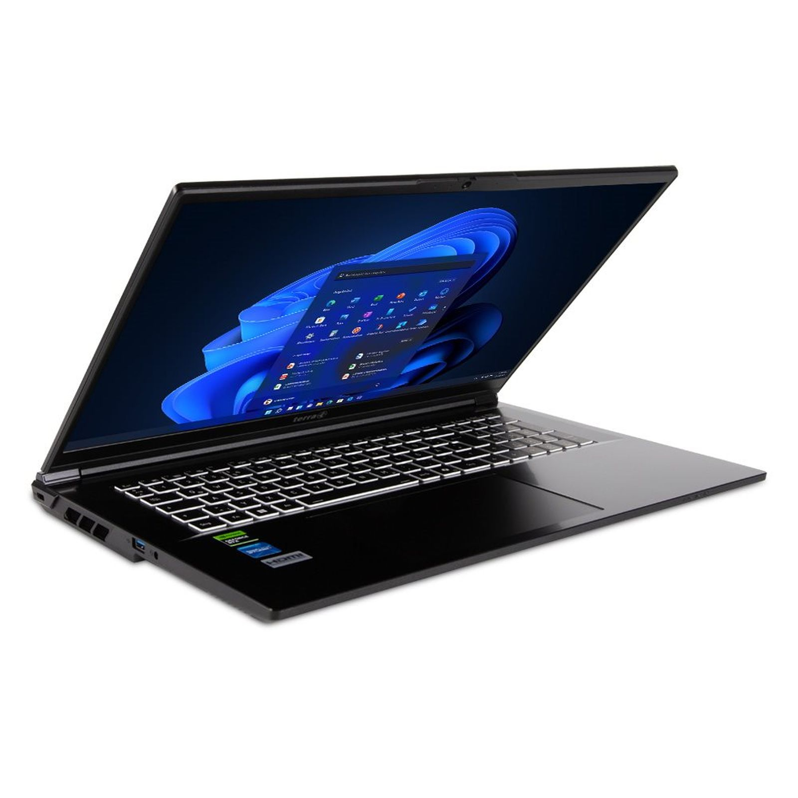 Ein offener schwarzer Laptop mit beleuchteter Tastatur und einem blauen Hintergrundbild.