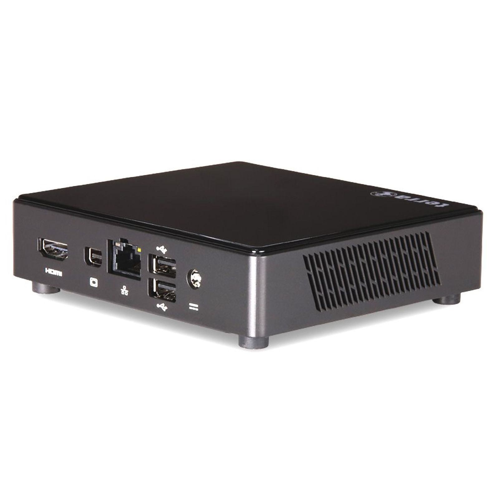 Un mini PC nero con porte HDMI, USB ed Ethernet frontali.