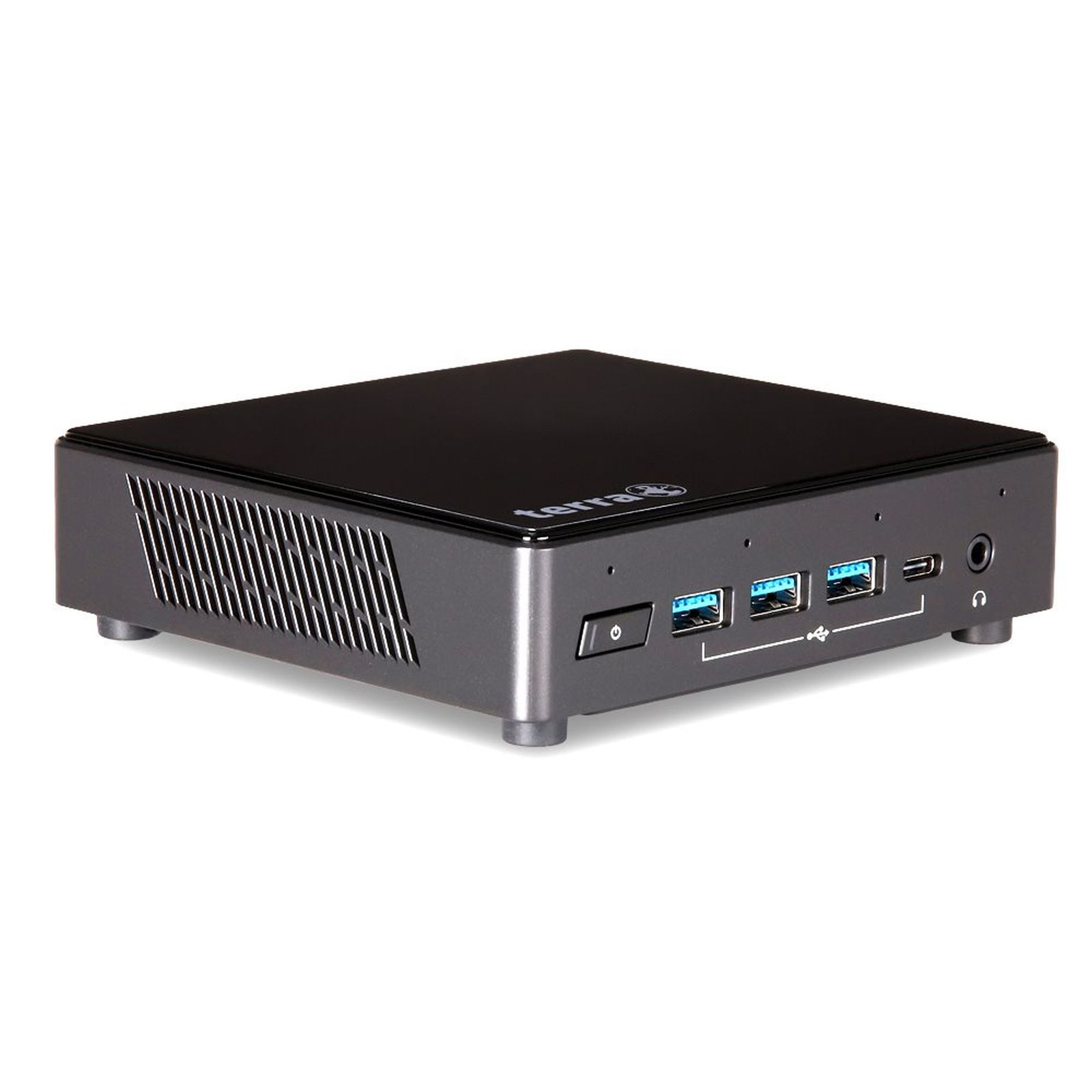 Un mini PC nero compatto con feritoie di ventilazione e porte frontali.