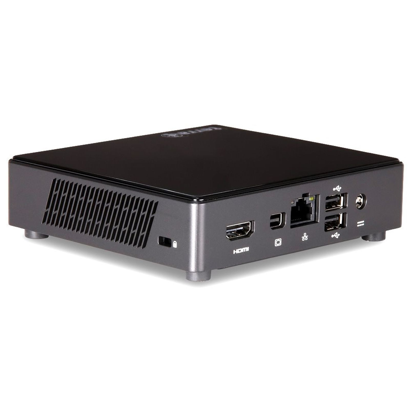 Mini PC nero compatto con porte HDMI, USB e di rete. Prese d'aria laterali.