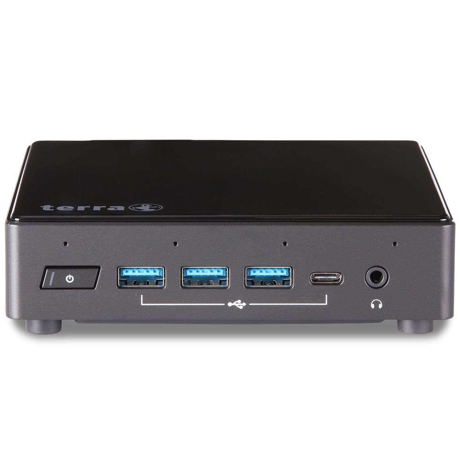 Dispositivo grigio con porte USB, pulsante di accensione e jack per cuffie.