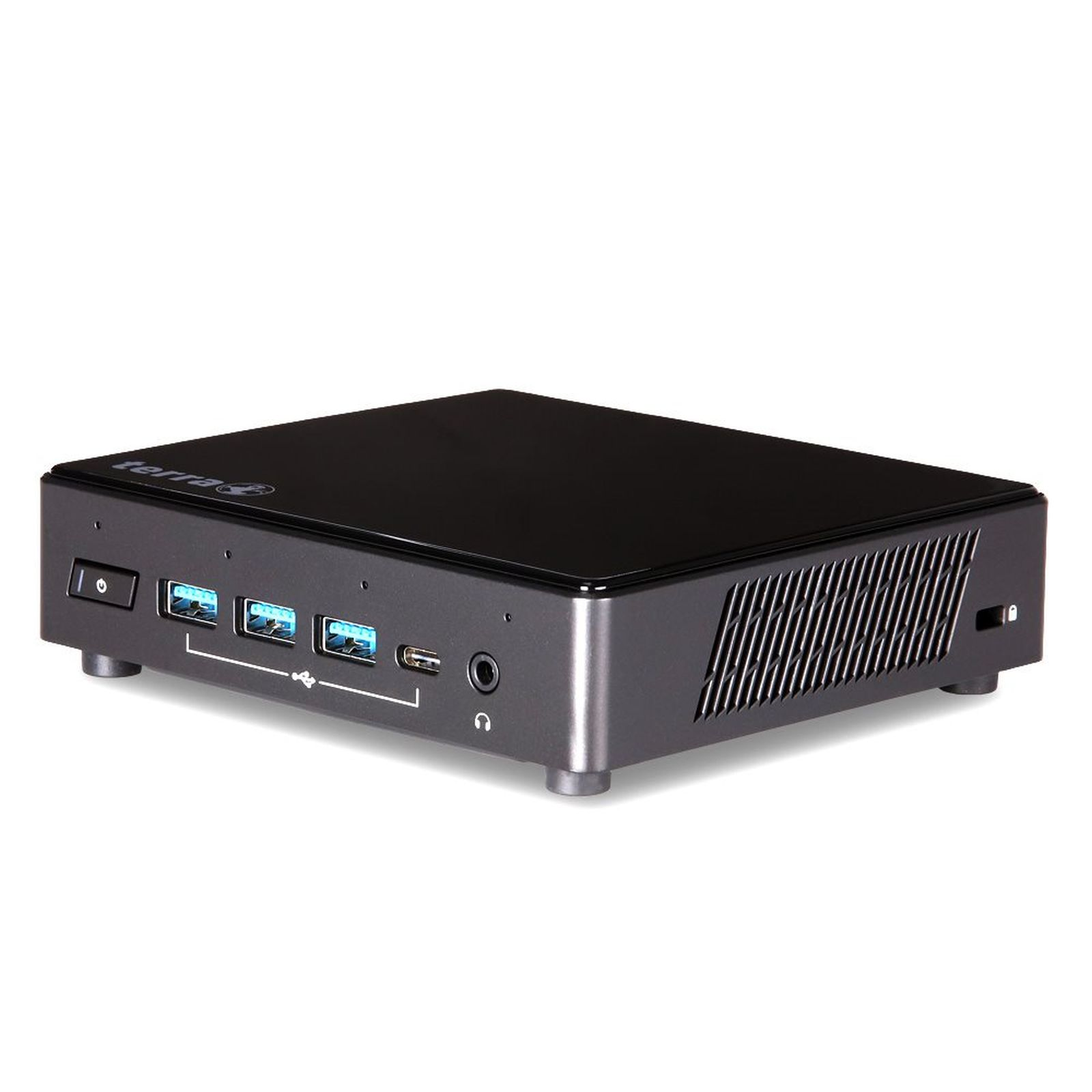 Mini PC nero con pulsante di accensione, porte USB e prese d'aria.