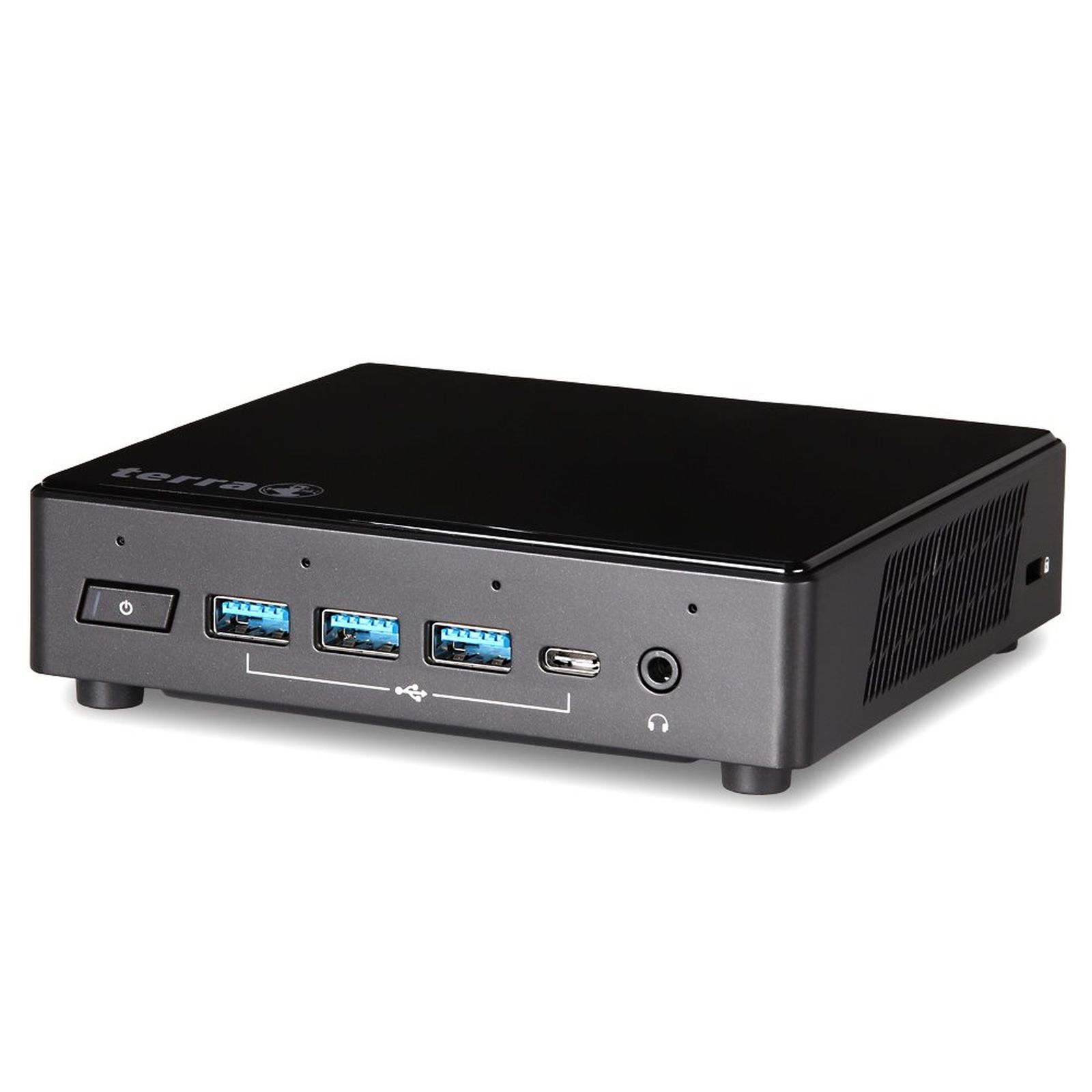 Mini PC nero con pulsante di accensione, porte USB, USB-C e jack cuffie.