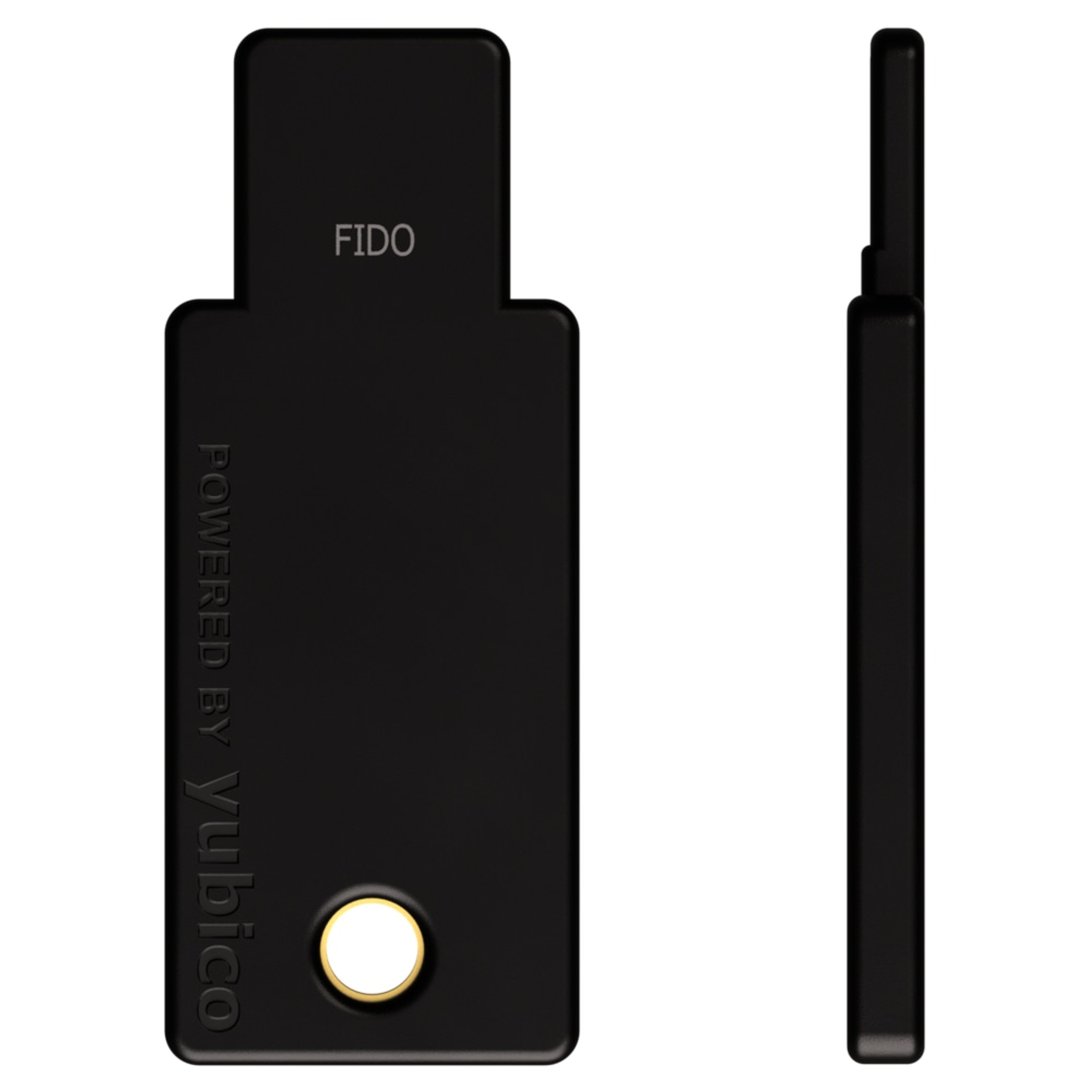 Schwarzer FIDO-Sicherheitsschlüssel, Vorder- und Seitenansicht. Text: POWERED BY Yubico.