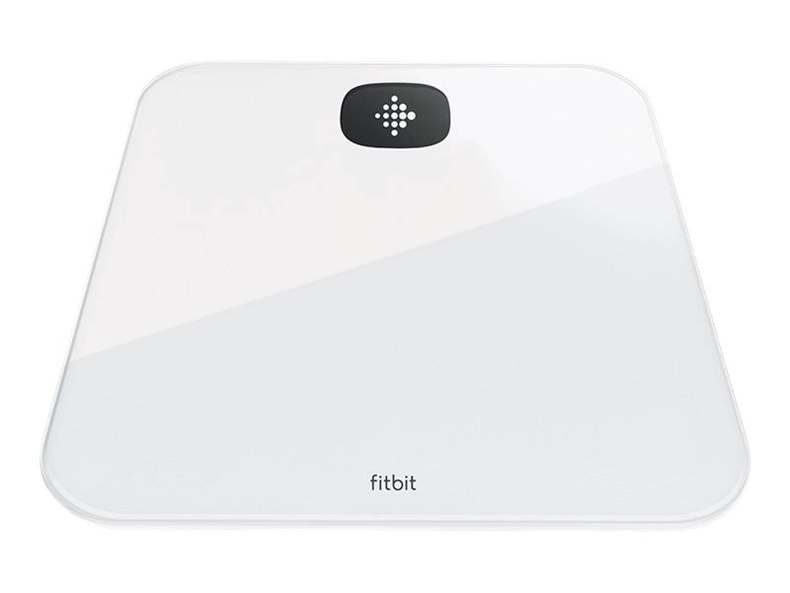 Eine weiße Fitbit-Waage mit schwarzem Display und Fitbit-Logo.