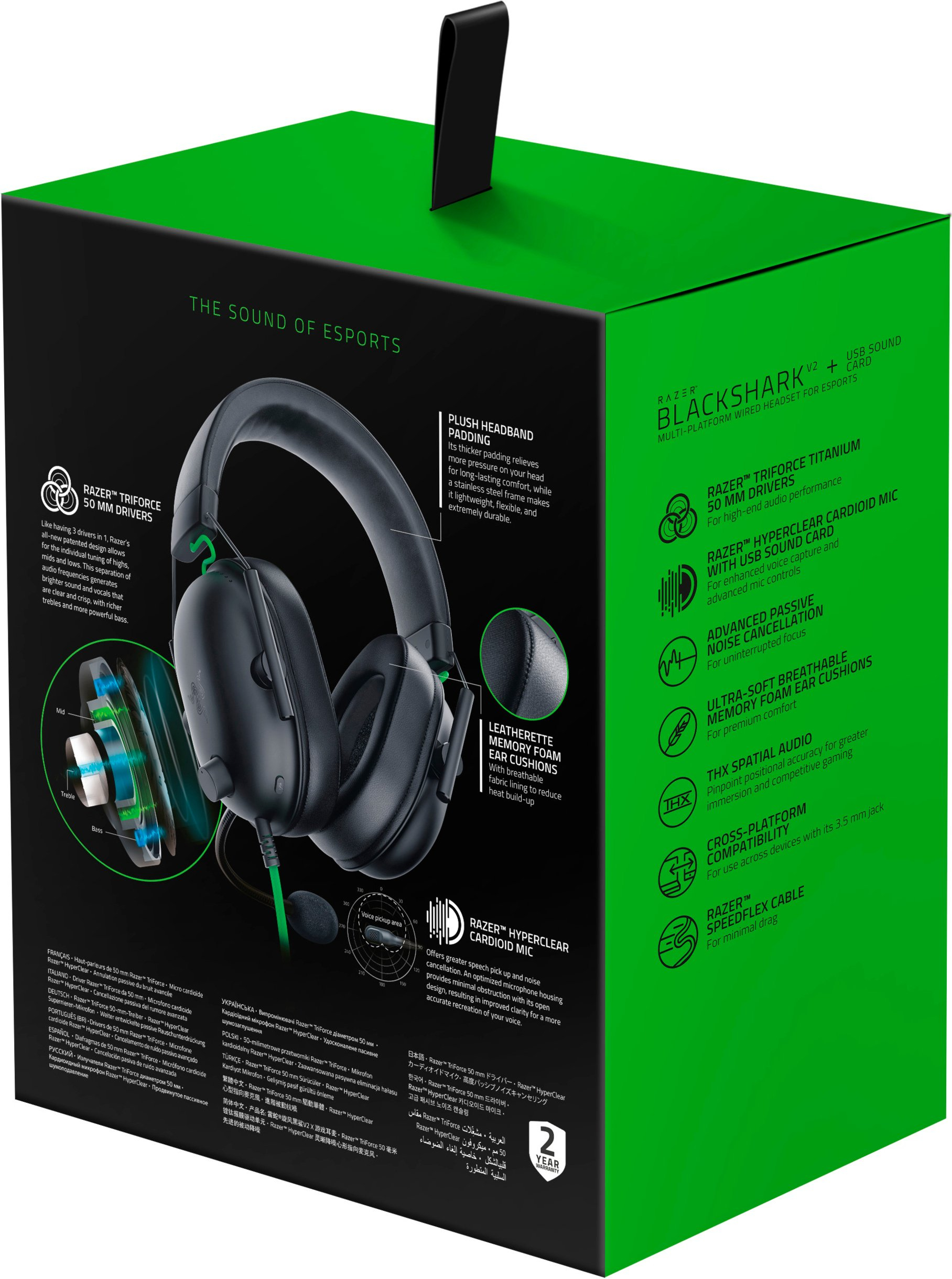 Razer Blackshark V2 X Gaming Headset, schwarz, mit grünen Akzenten.