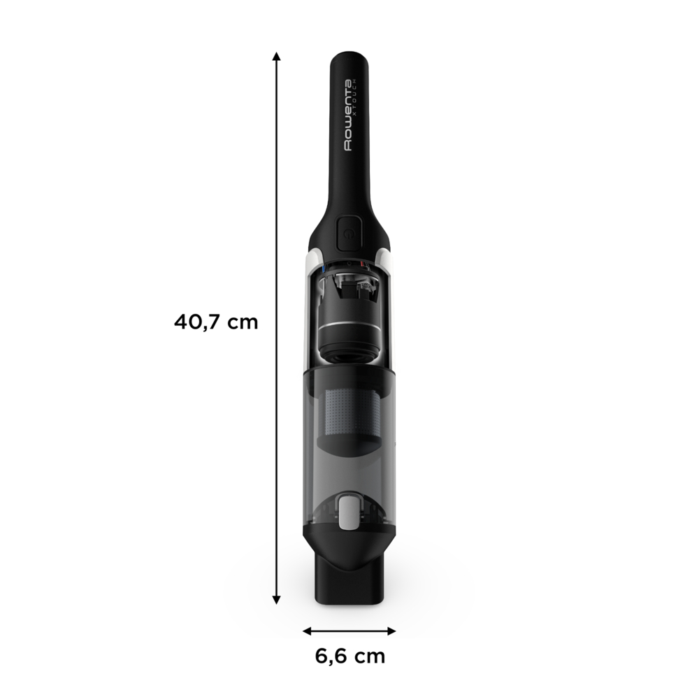 Zwarte handstofzuiger met transparante stofbak. 40,7 cm lang, 6,6 cm breed.