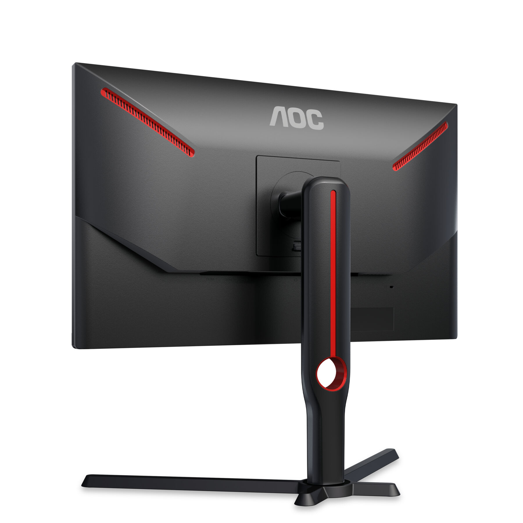 Back of a black AOC monitor with red accent on the stand and ventilation slits.