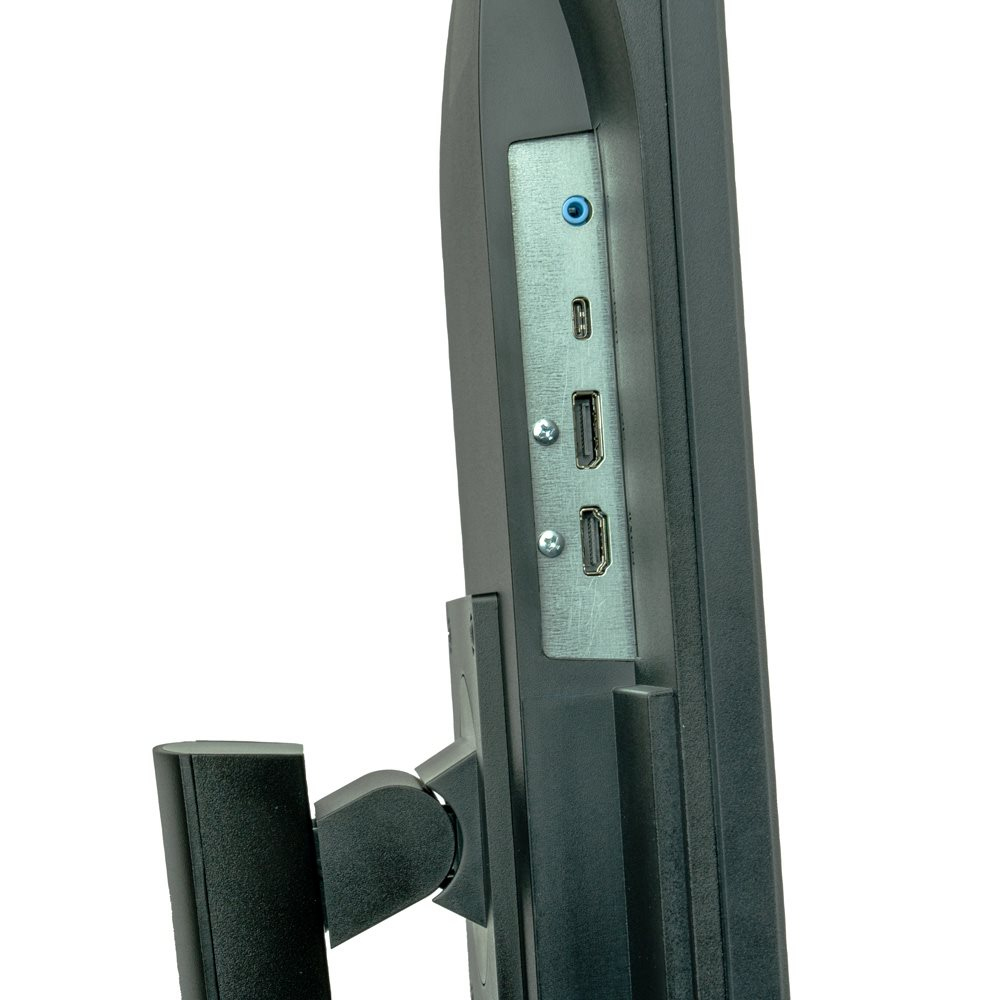 Close-up van monitorpoorten: audio, USB-C en twee HDMI-poorten.