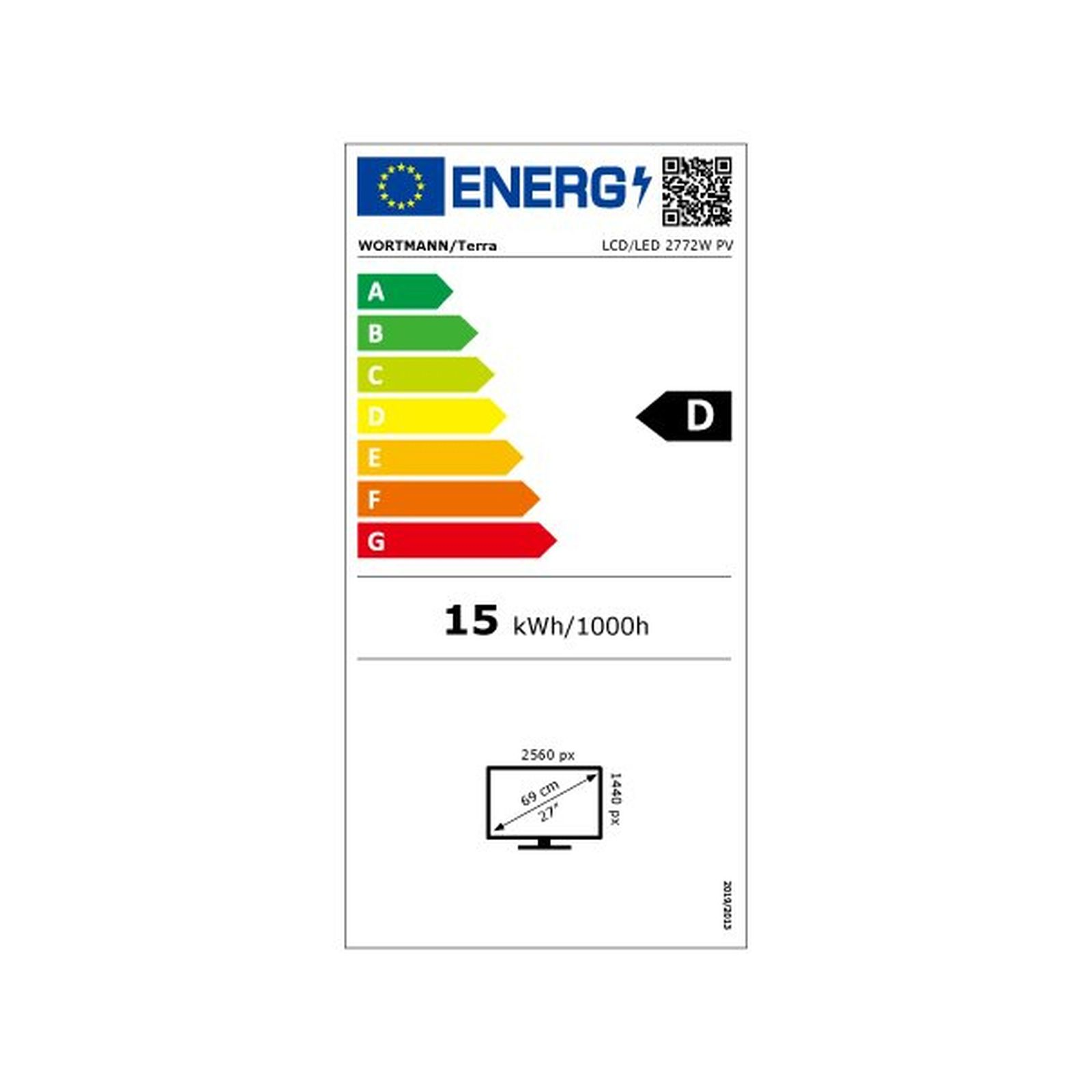 Energielabel voor 27-inch monitor, energieklasse D, 15 kWh/1000h.