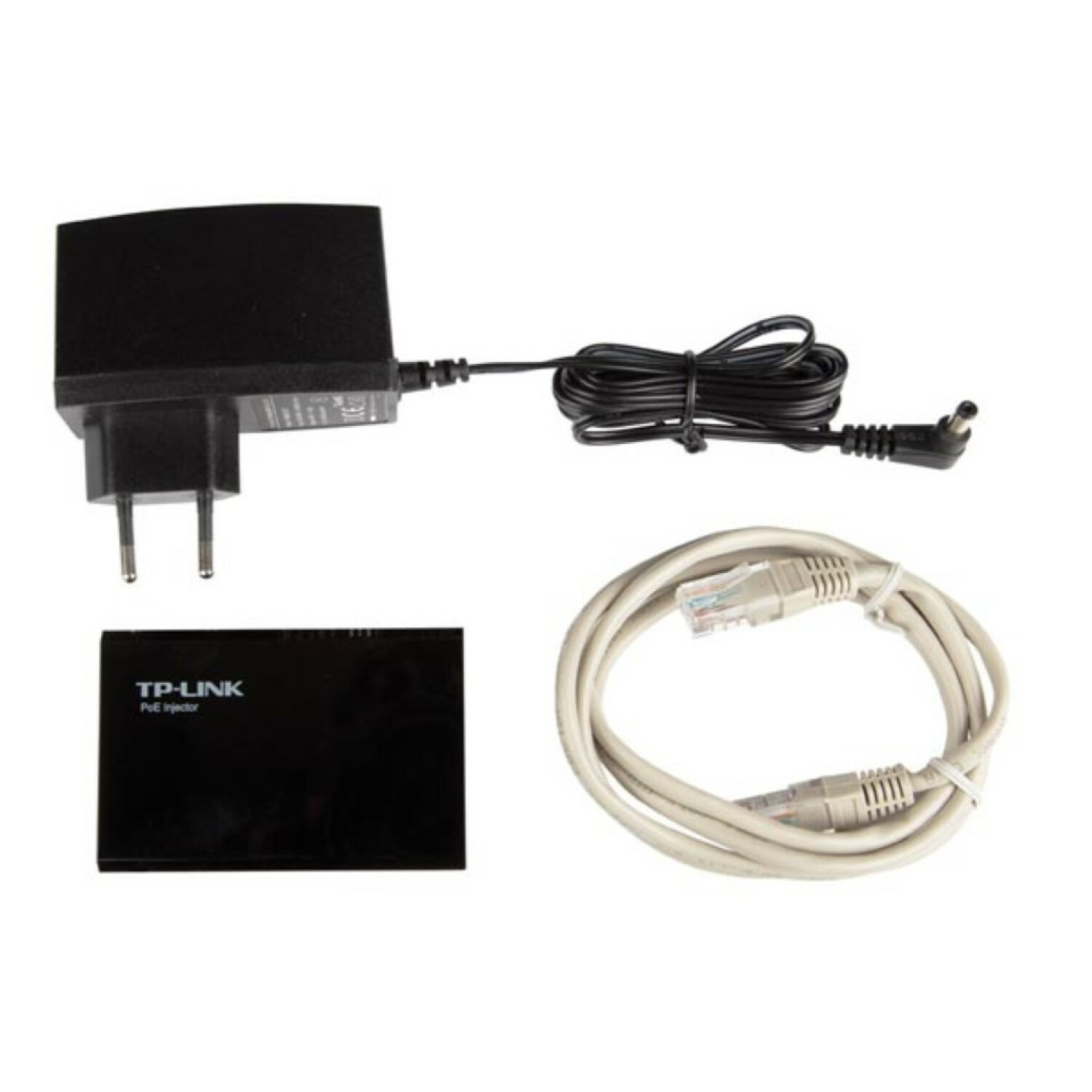 Power adapter, PoE injector, and network cable on a white background.