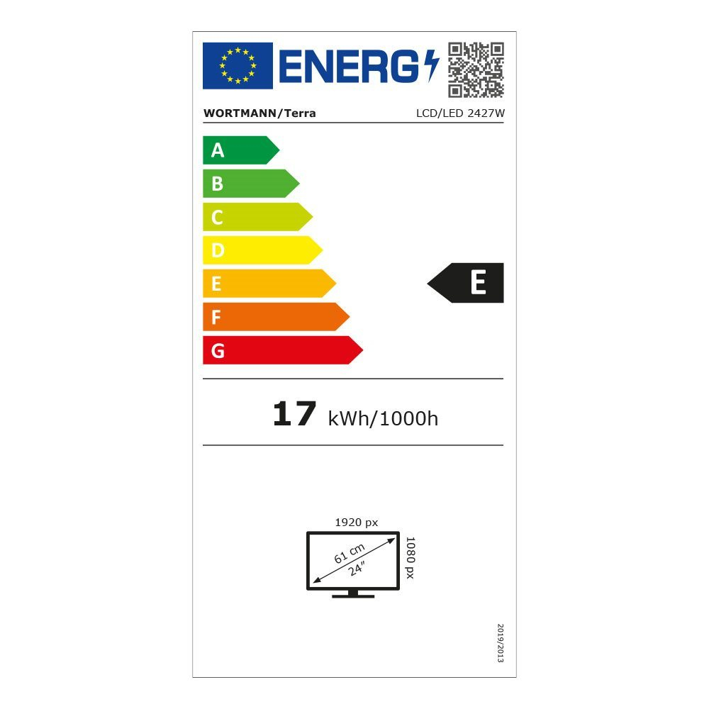 Etykieta energetyczna E dla monitora LCD/LED 24 cale, rozdzielczość 1920x1080, 17 kWh/1000h.