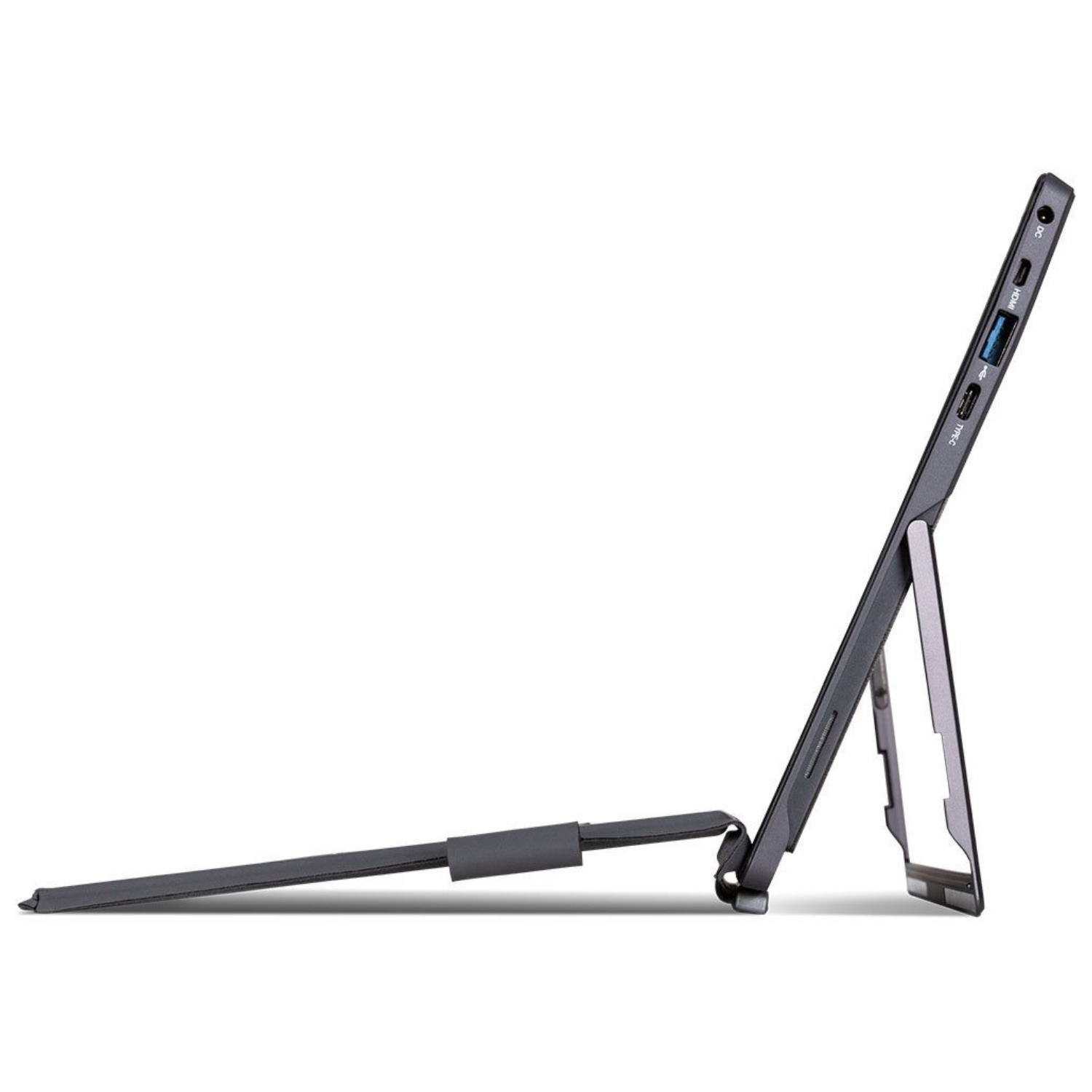 Tablet grigio con supporto e porte, vista laterale.