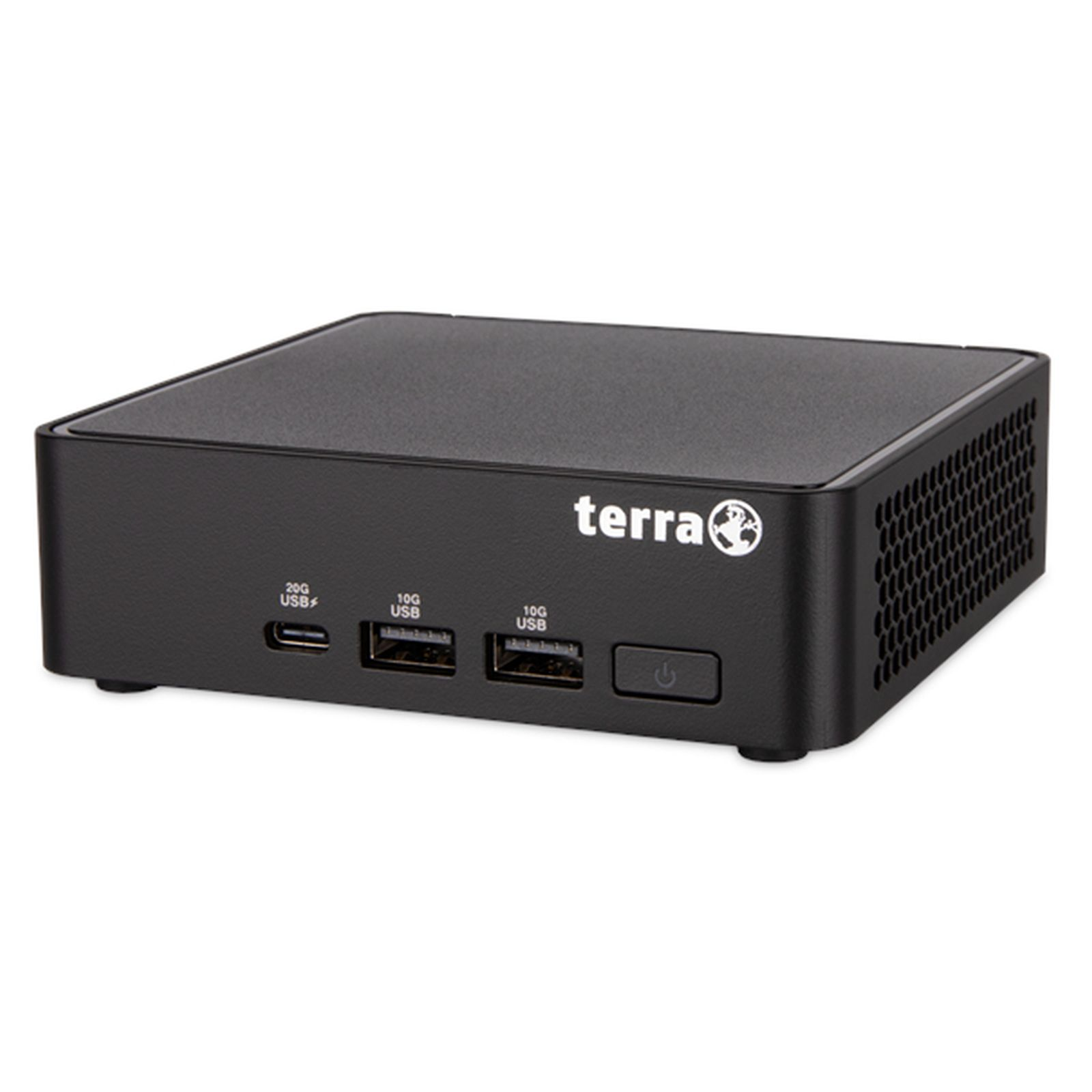 Mini PC Terra nero con porte USB e pulsante di accensione.