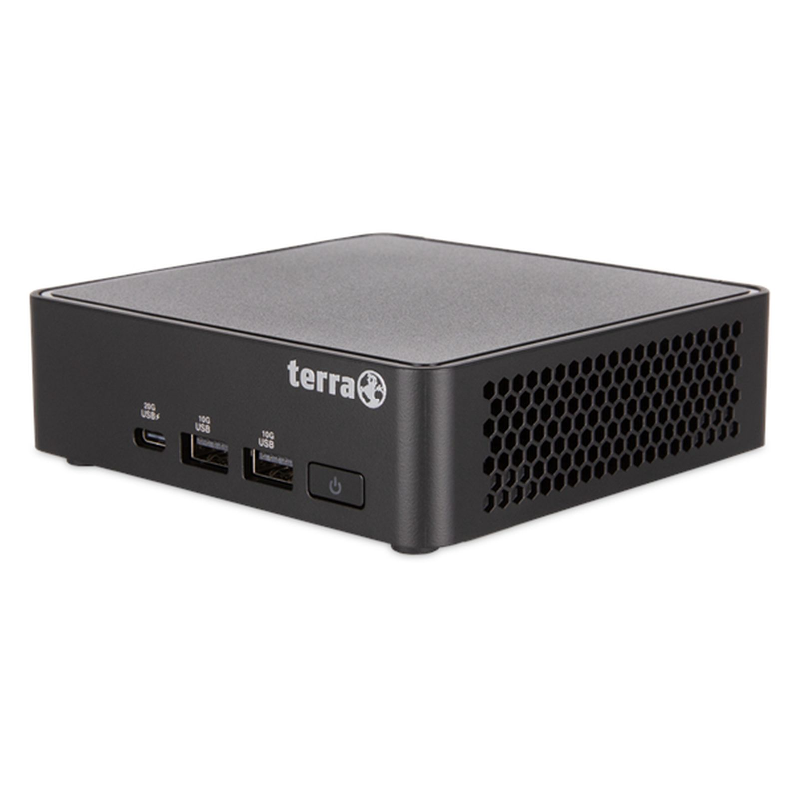 Mini PC nero con logo Terra, porte USB e griglia di ventilazione.