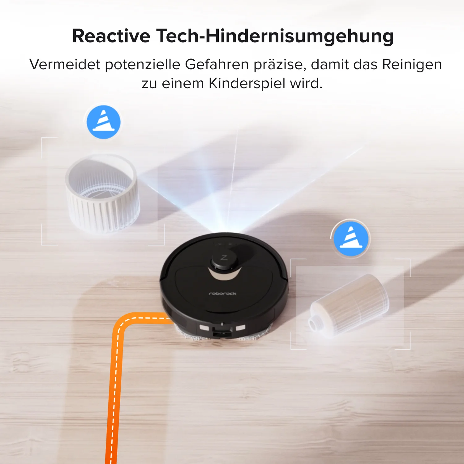 Ein schwarzer Saugroboter erkennt Hindernisse wie einen Behälter.