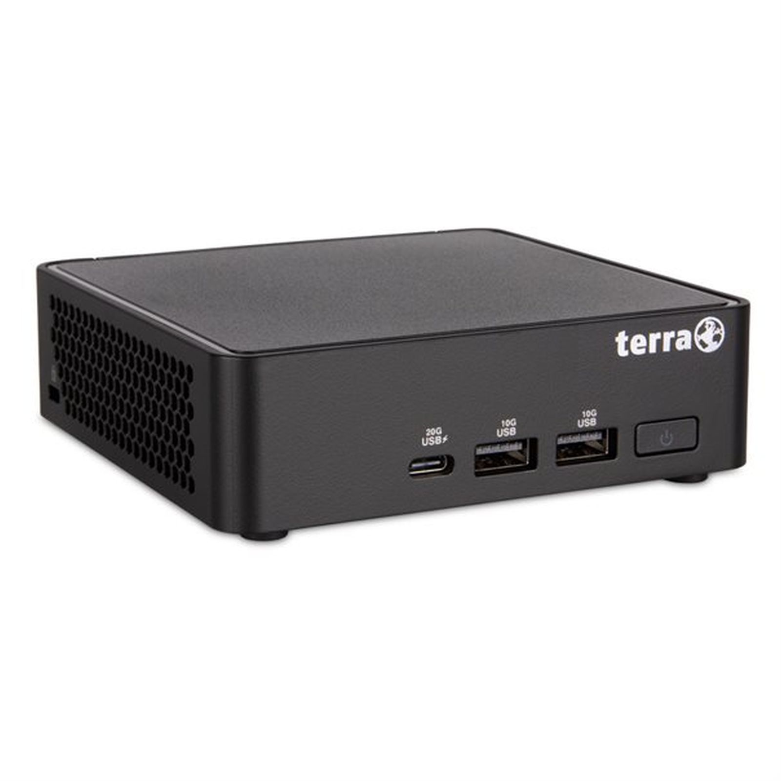 Mini PC Terra nero con porte USB frontali e pulsante di accensione su sfondo bianco.