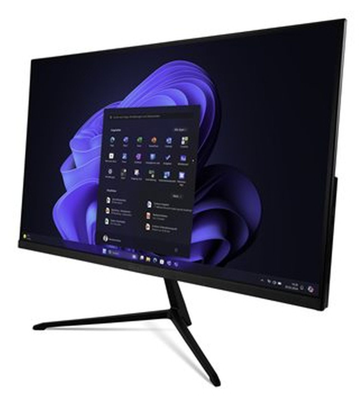Un monitor di computer nero mostra uno sfondo astratto viola e il menu Start di Windows 11.