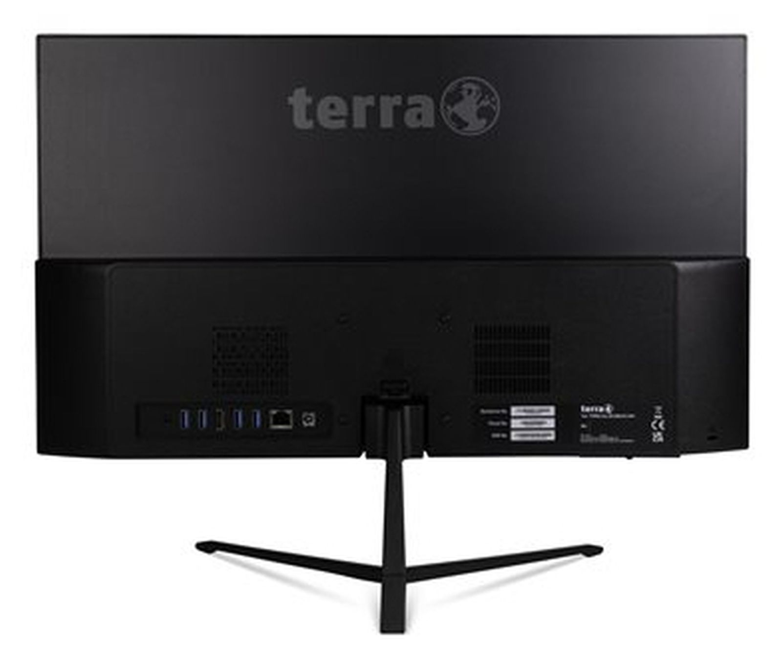 Vista posteriore di un computer all-in-one nero con porte e supporto.