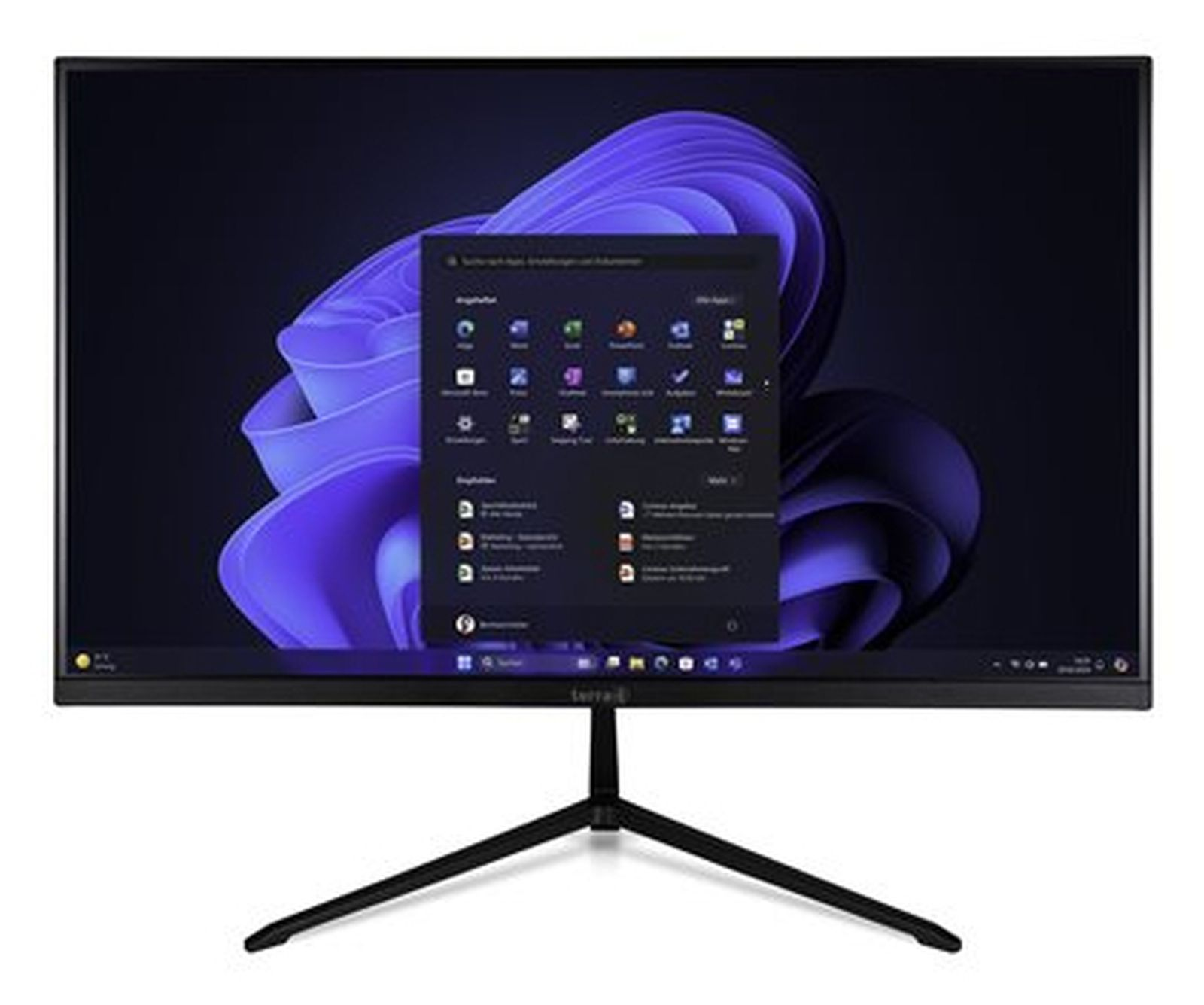 Monitor nero con desktop Windows 11 e sfondo viola.