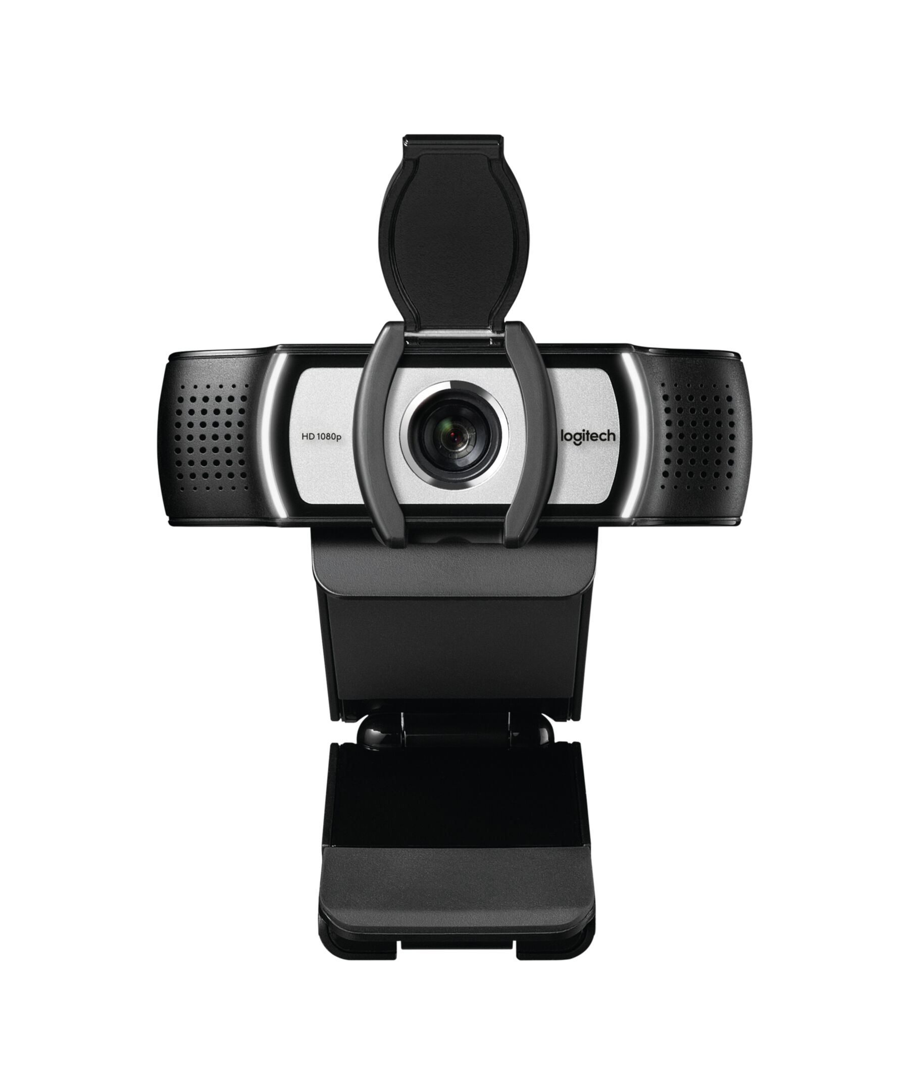 Eine schwarze Logitech-Webcam mit HD 1080p. Sie hat einen faltbaren Ständer.