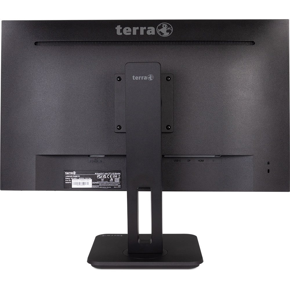 Retro di un monitor Terra nero con supporto e porte.