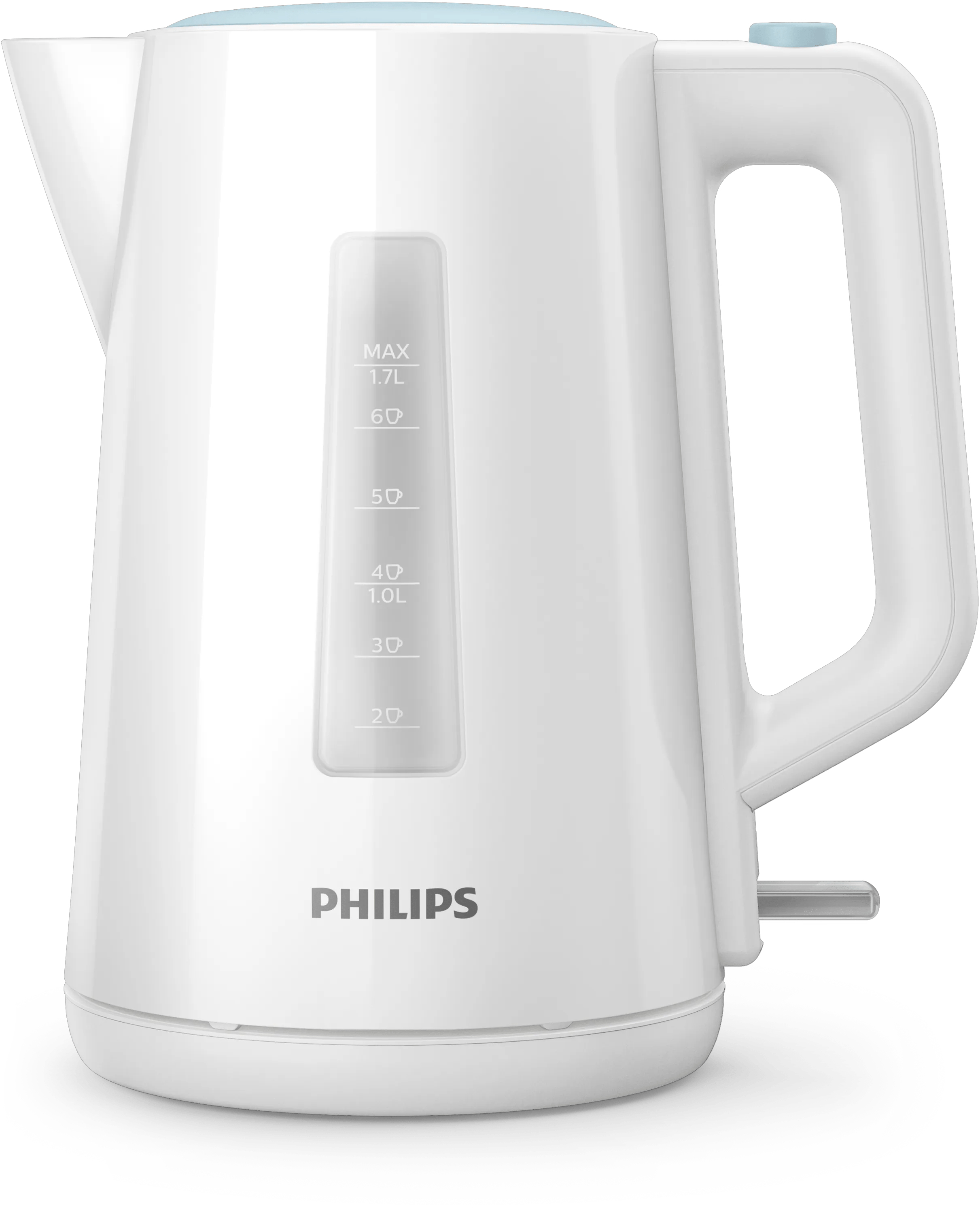 Un bollitore Philips bianco con coperchio blu e indicatore del livello dell'acqua.