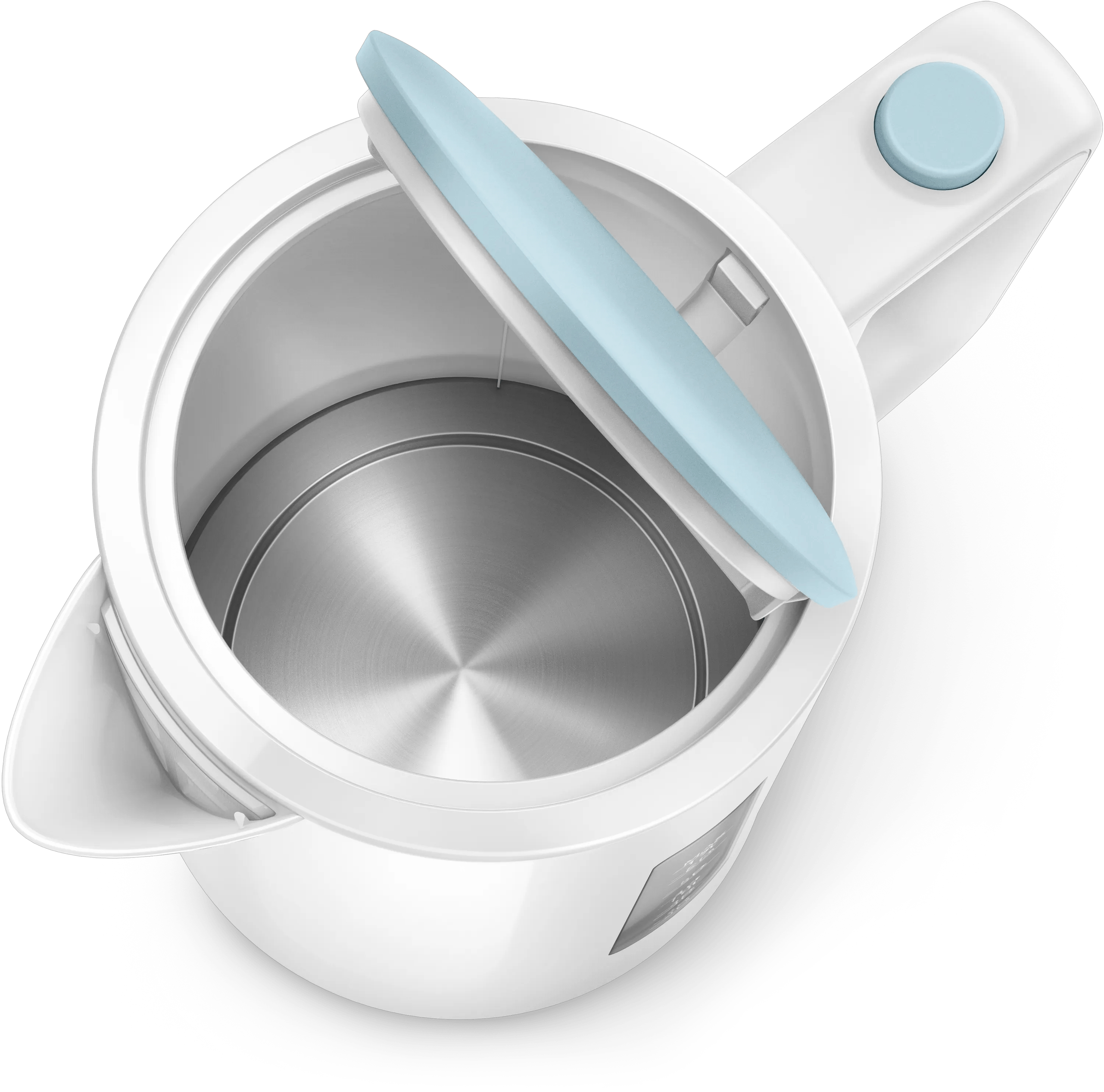 Un bollitore elettrico bianco con coperchio azzurro aperto e interno in acciaio inox.