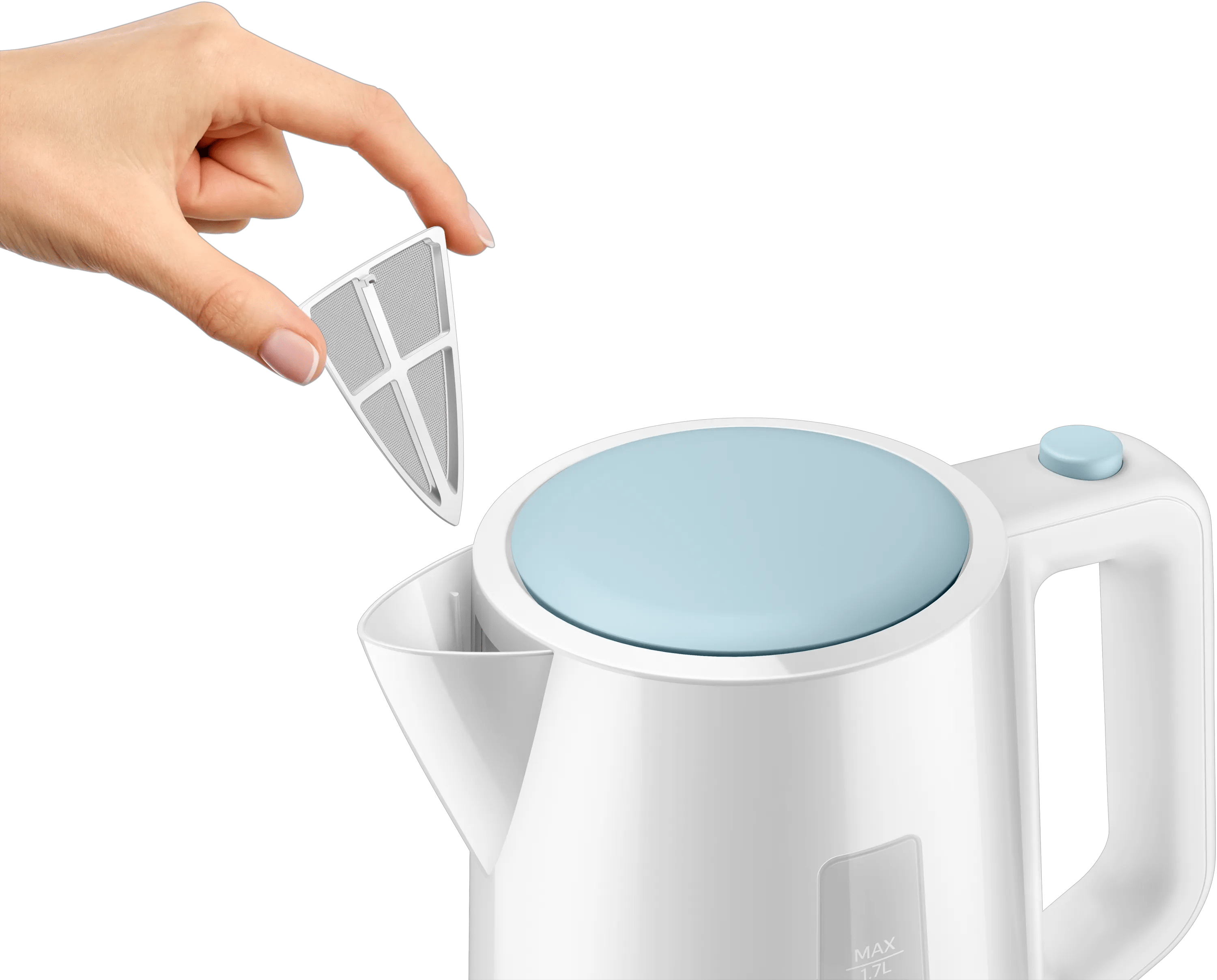 Una mano tiene un filtro bianco per bollitore sopra il coperchio aperto.