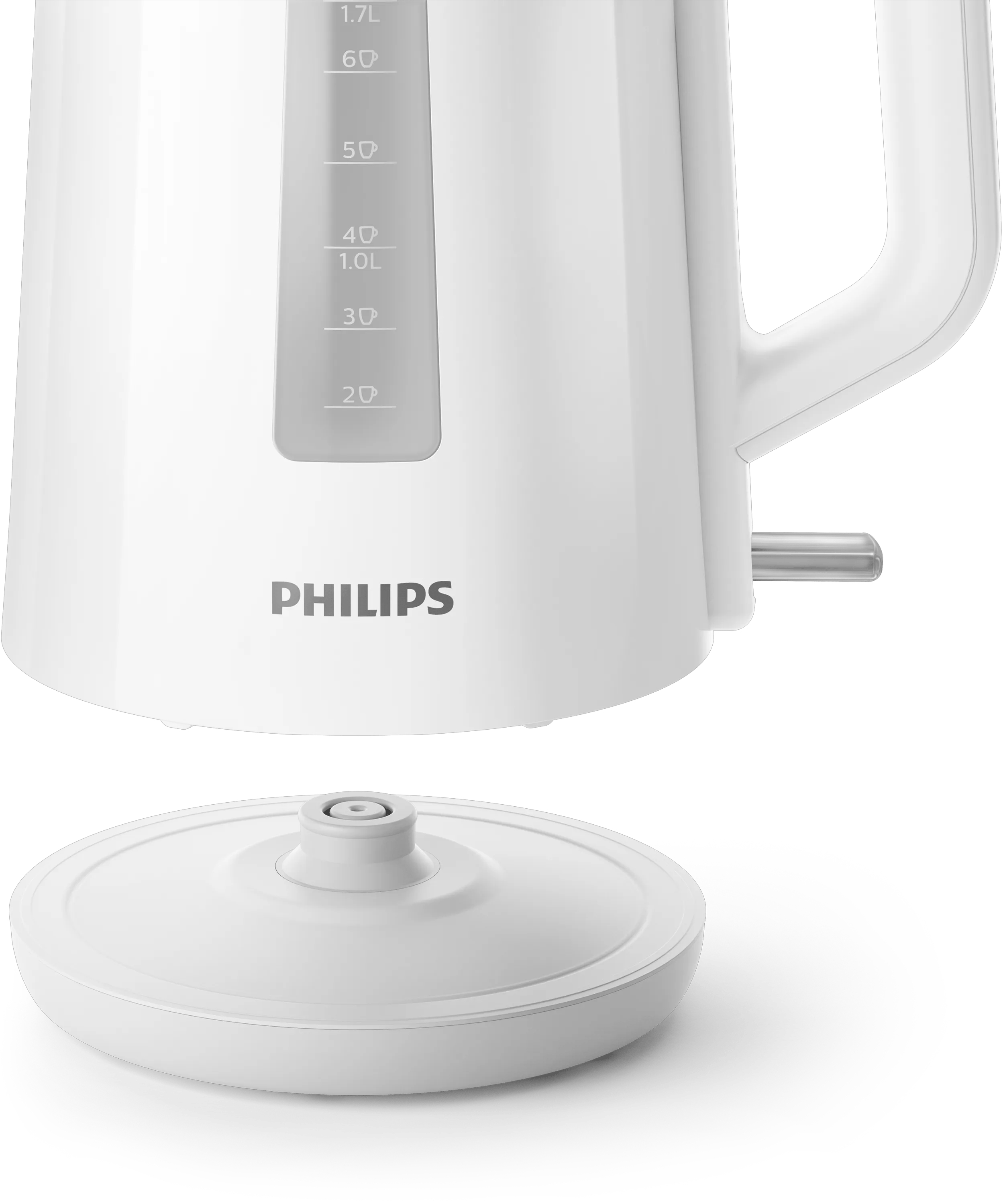Primo piano di una base per bollitore Philips bianca con segni di misurazione e manico.