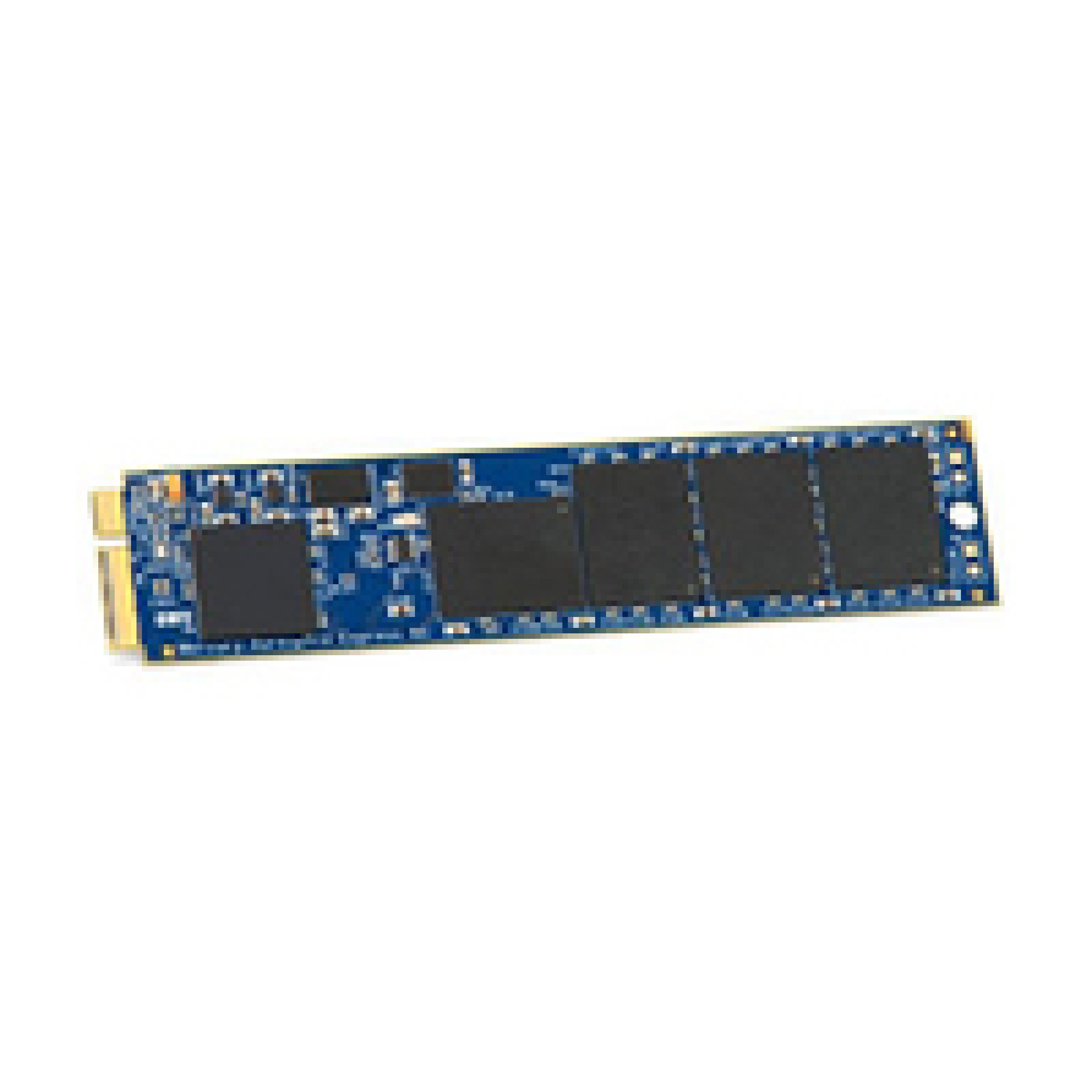 Una scheda blu con chip di memoria neri e un connettore dorato.