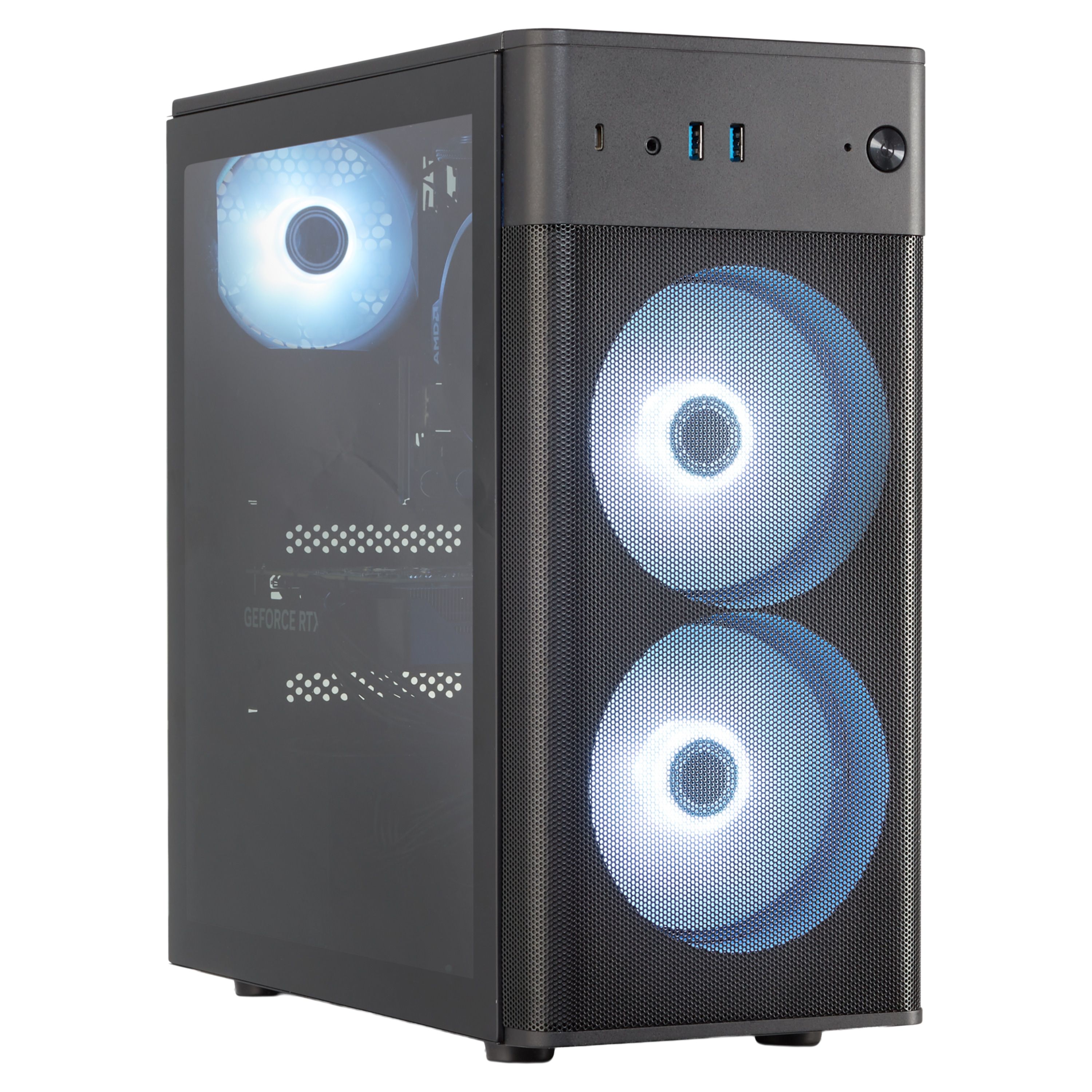 Schwarzer Computerturm mit blauen LED-Lüftern. Seitenfenster zeigt Komponenten.