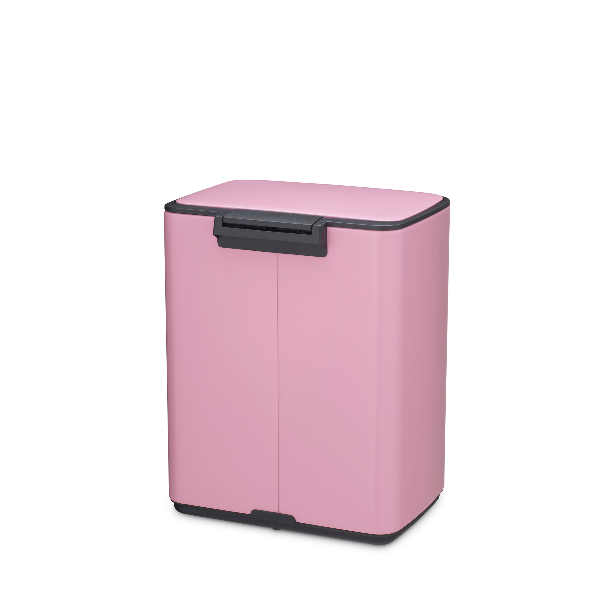 Een roze container met grijze accenten en een handvat.