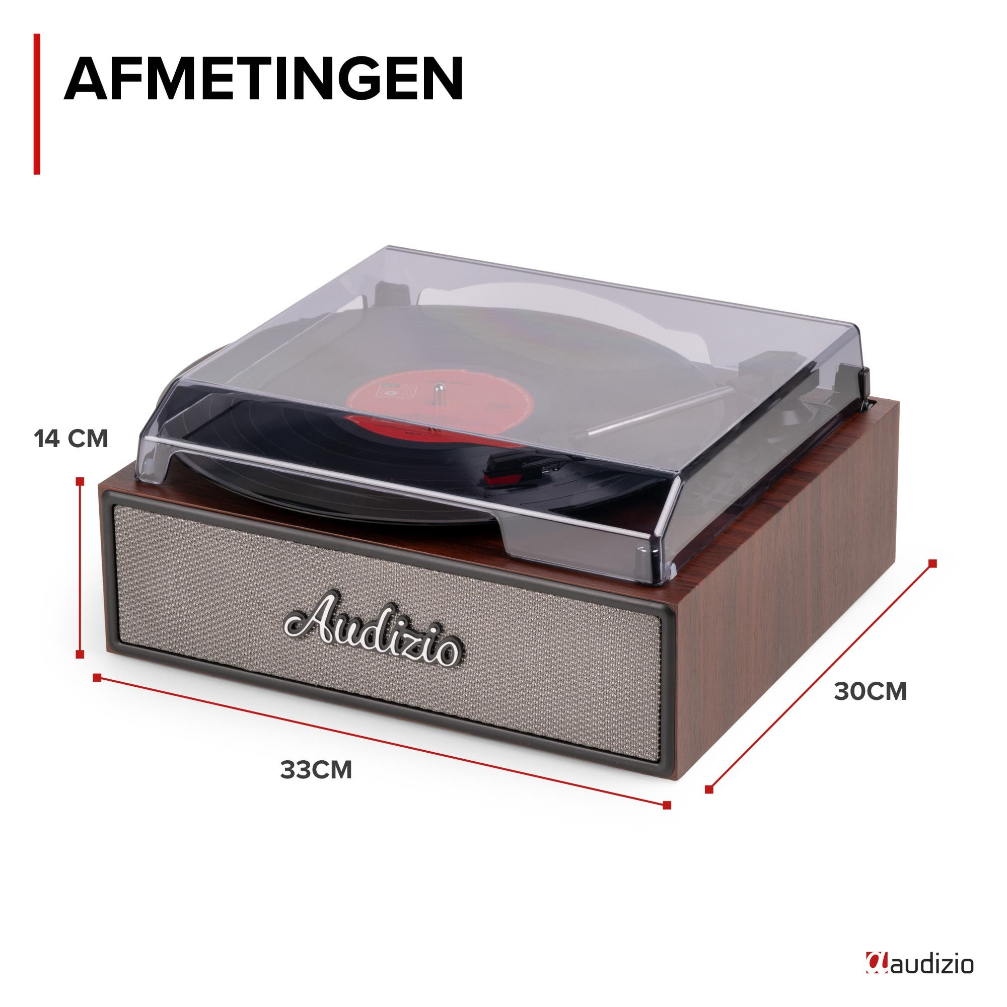 Platine vinyle avec boîtier en bois, façade de haut-parleur grise et couvercle transparent.