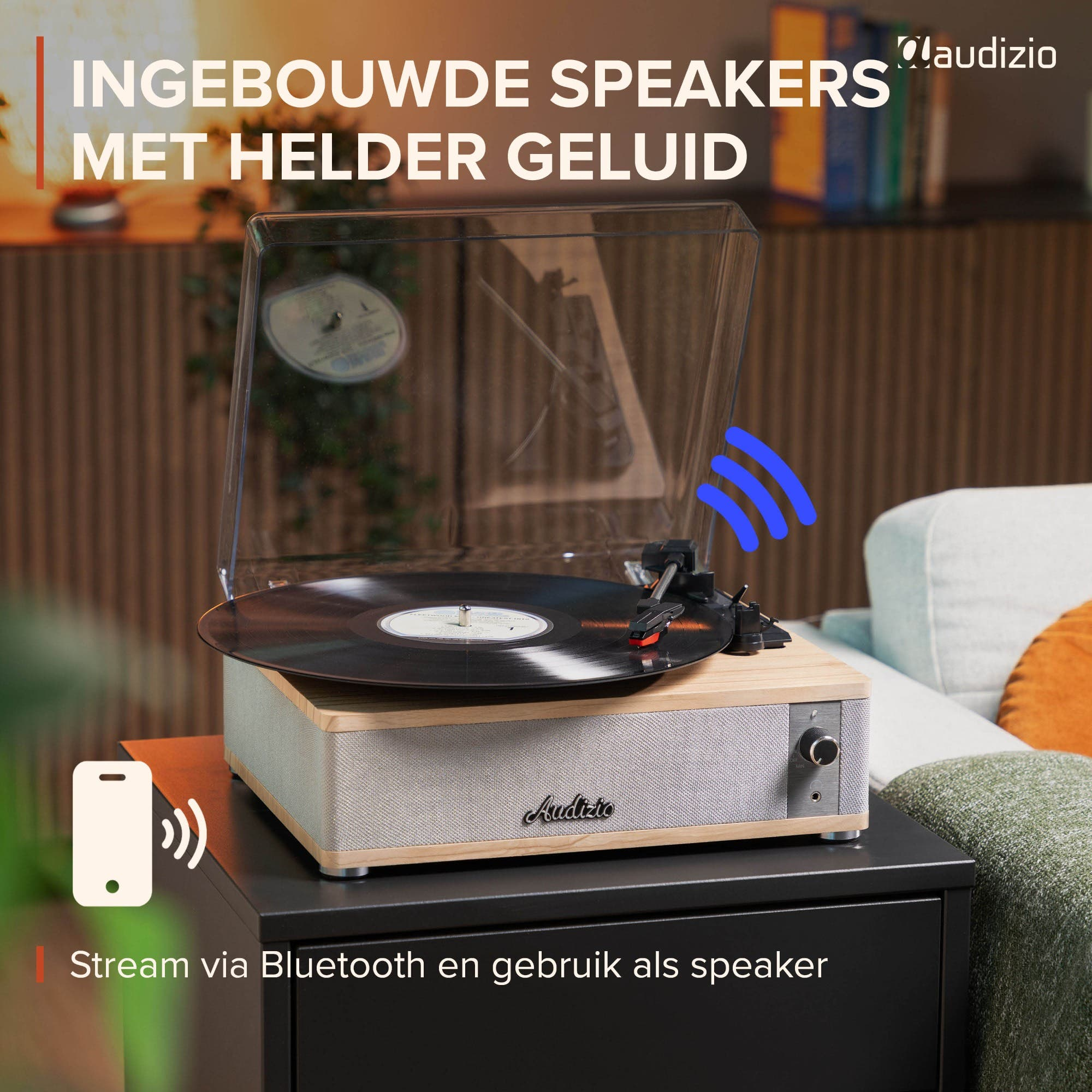 Tocadiscos con Bluetooth, altavoces integrados, reproduce vinilos.