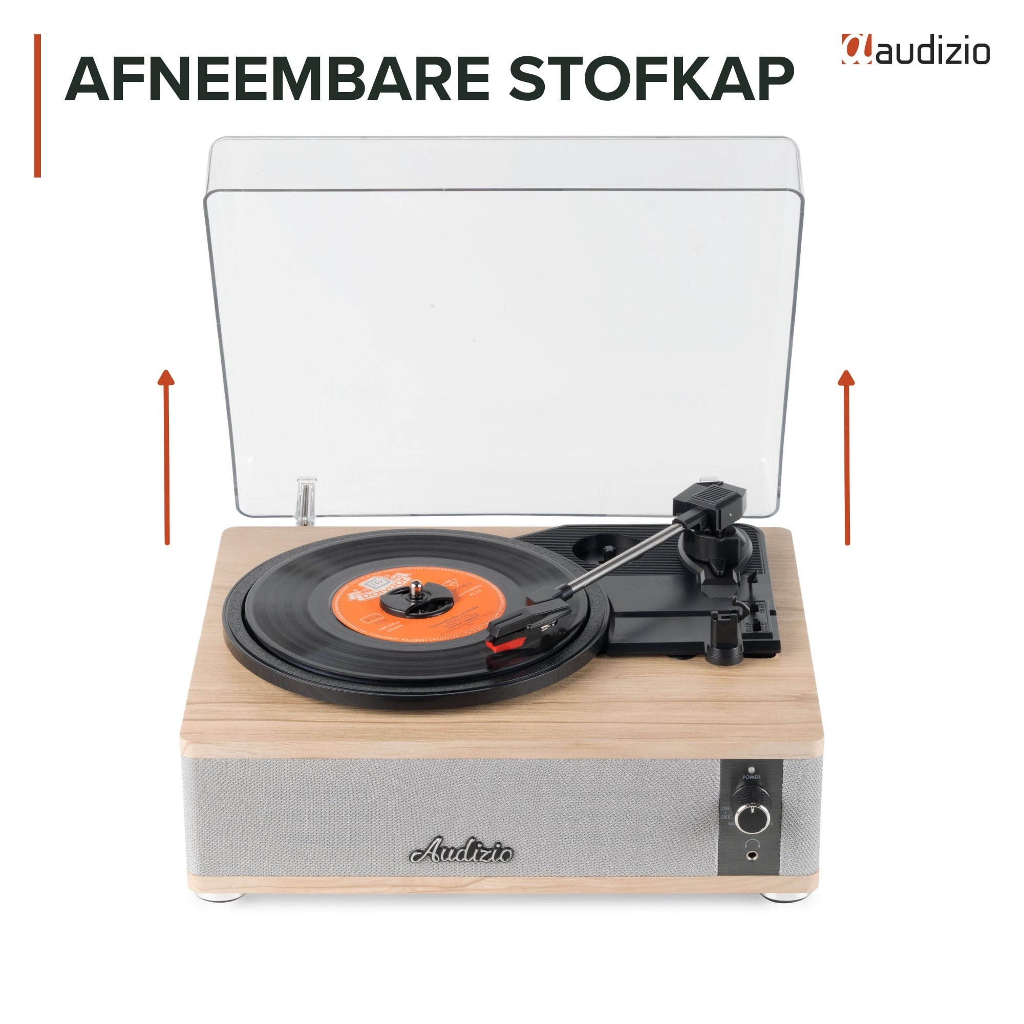 Tocadiscos con disco de vinilo, brazo de lectura y tapa antipolvo extraíble.