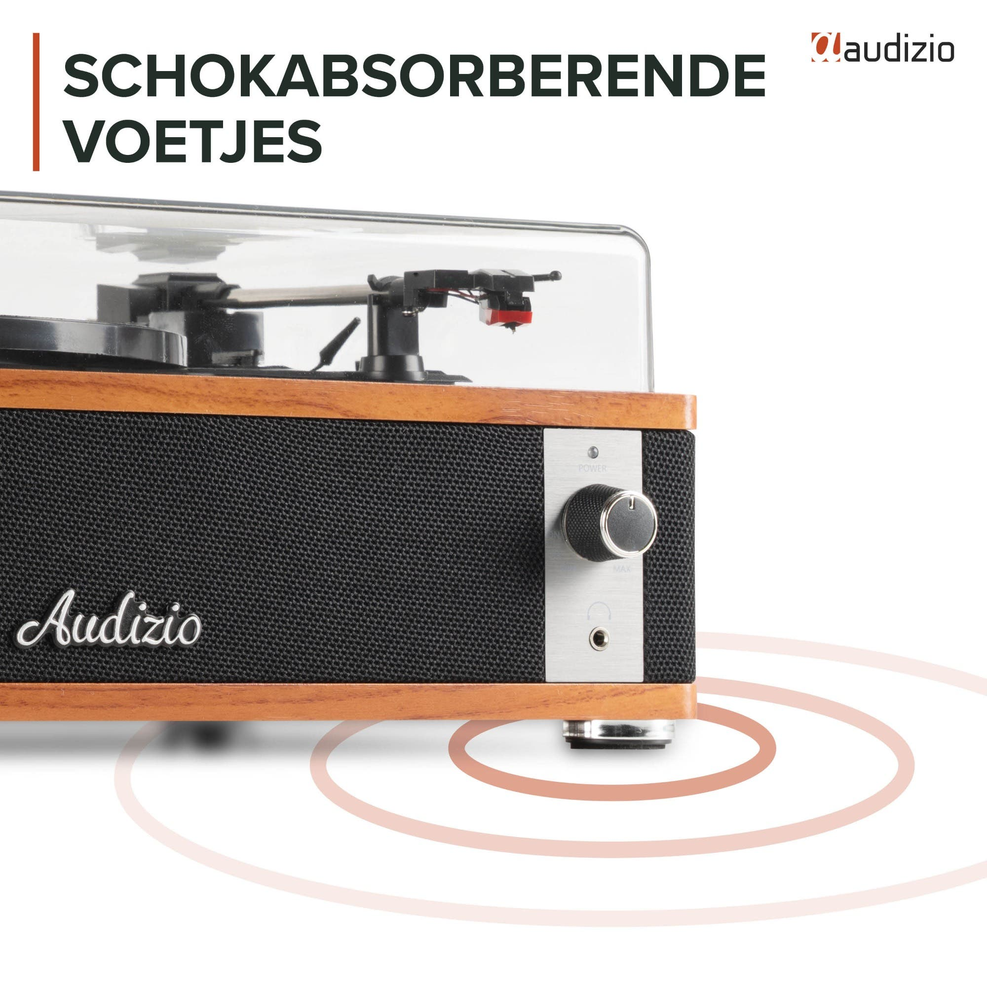 Un tocadiscos con marco de madera, parrilla de altavoz negra y logo Audizio.
