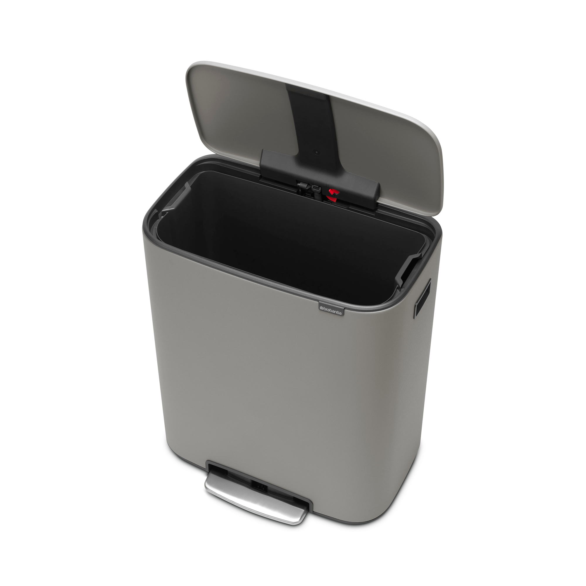 Gray pedal bin with its lid open and a silver foot pedal.