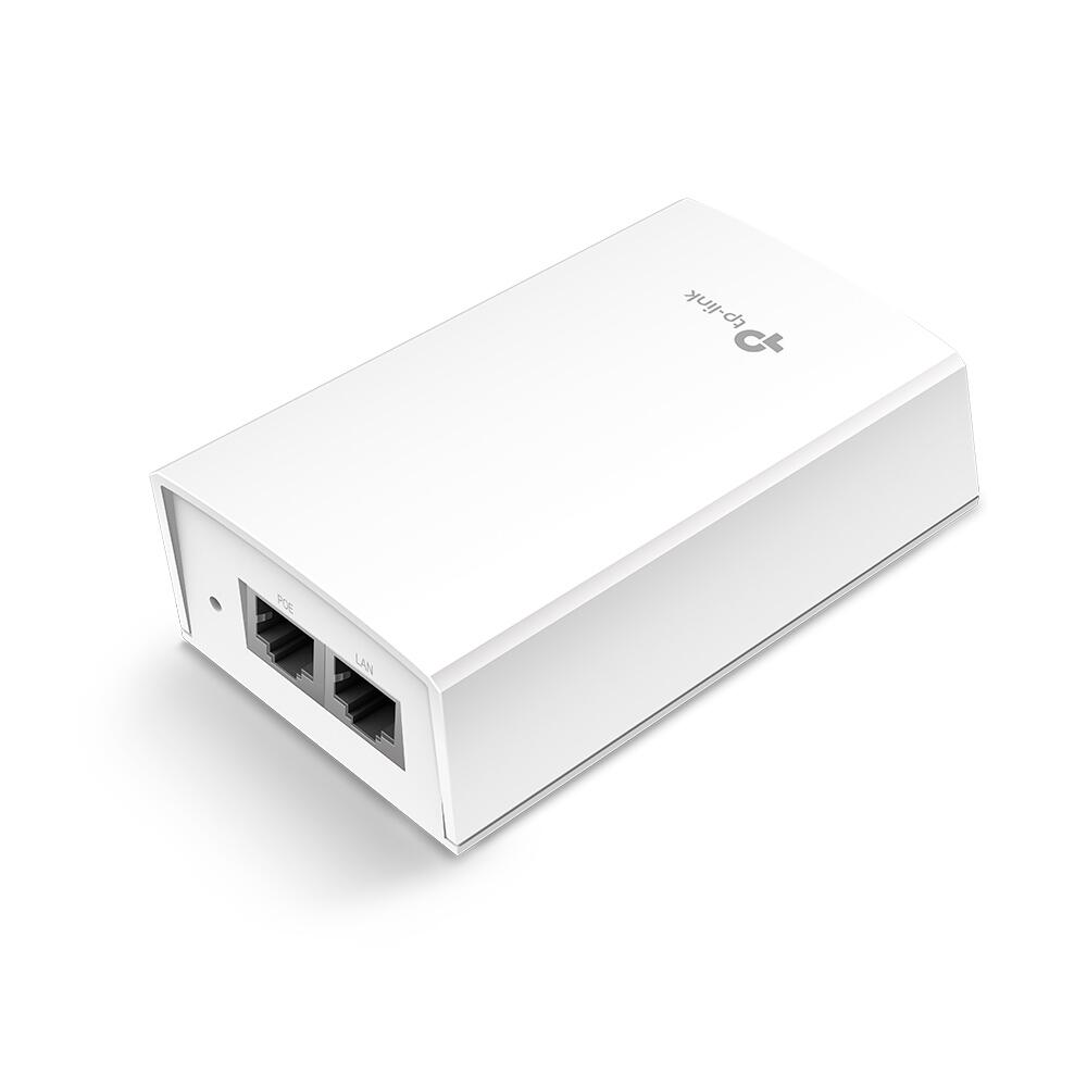 LAN ve POE portlu beyaz TP-Link PoE enjektörü.