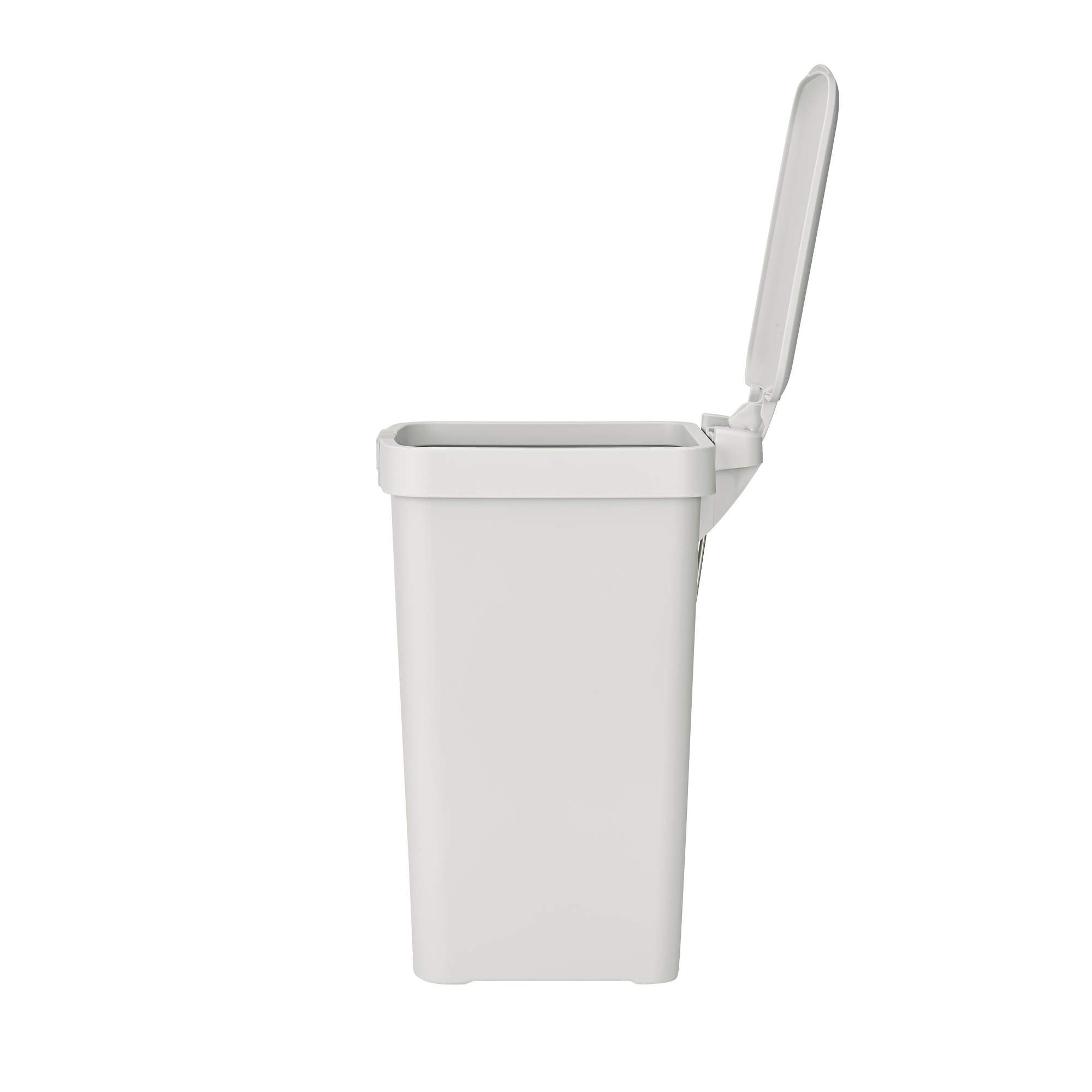 Een witte prullenbak met het deksel open, tegen een witte achtergrond.